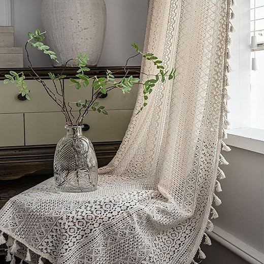BHUSB Farmhouse Crochet Knitting Curtains Tassels 84 Inches Long,Rod Pocket Bohemian Cotton Lace Window Drapes for Bedroom Living Room Decoration,2 Panels,52 x 84 Inches