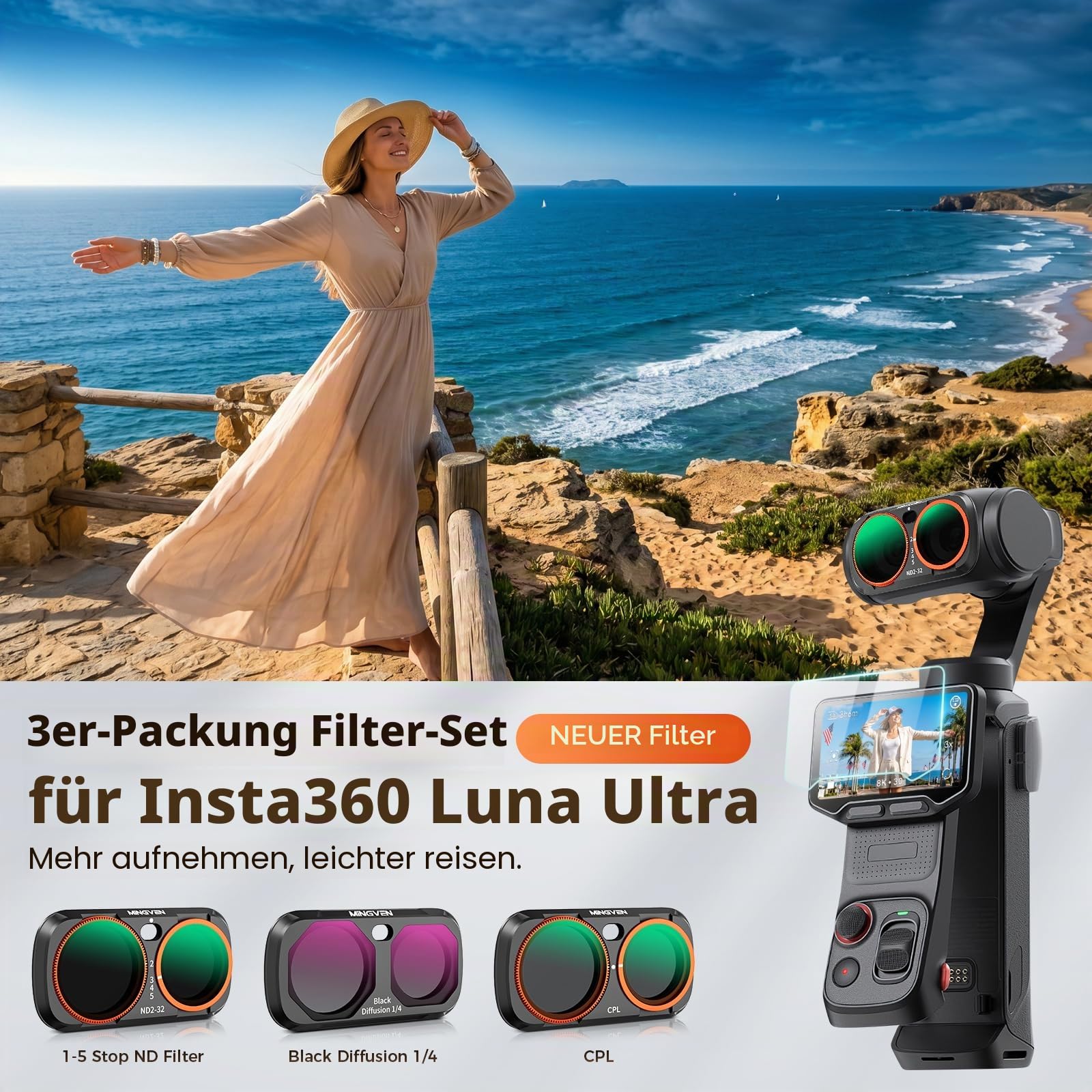 Luna Ultra ND Filter, Magnetisches Filterset, Kompatibel mit Insta360 Luna Ultra, 3er Pack – CPL, Schwarzer Diffusions 1/4 Filter, Einstellbarer ND2-32 Filter für Vlogging und Fotografie