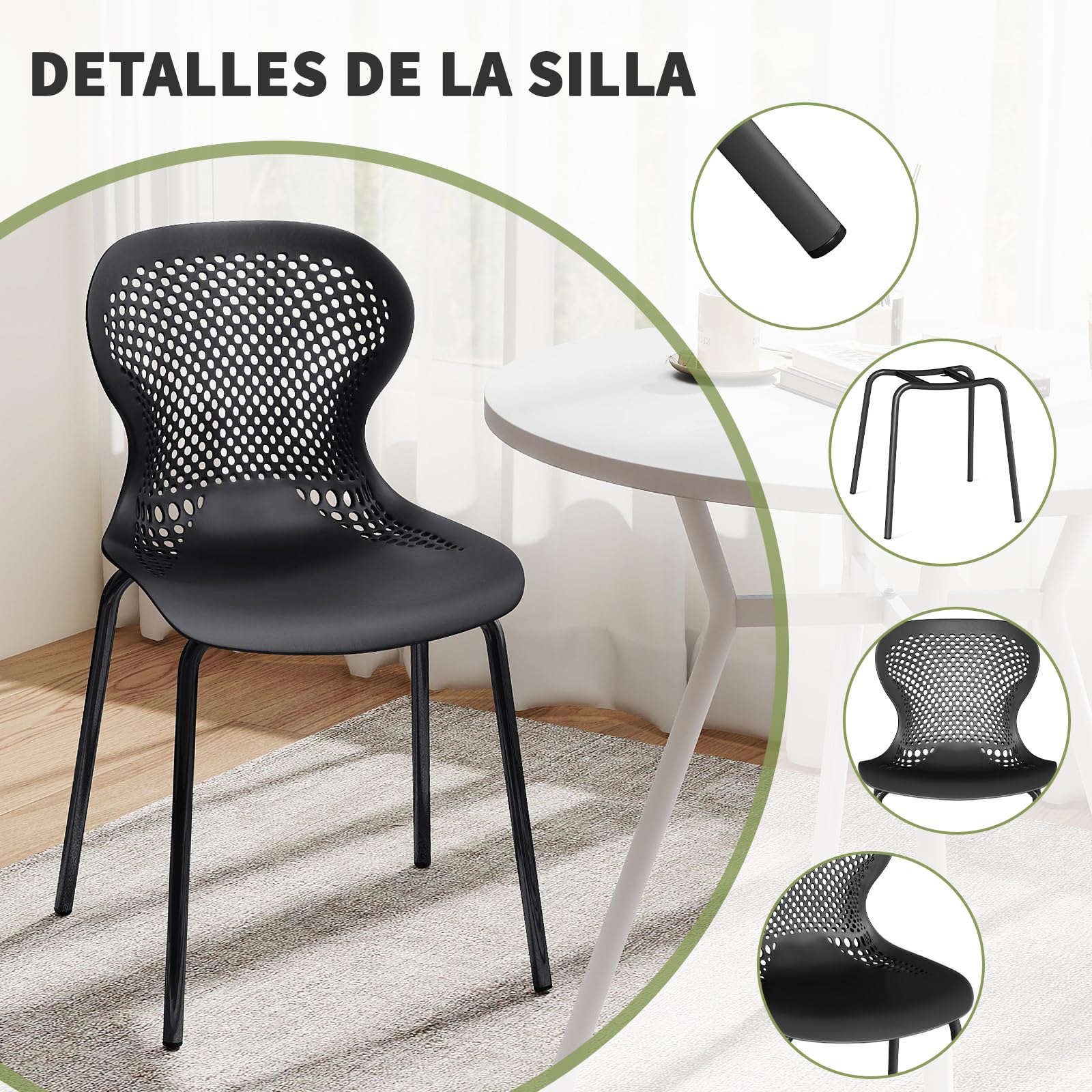 JIJIAN Pack de 6 Sillas de Jardín Apilables Negro, Sillas de Comedor de Plástico con Patas de Metal, Sillas de Cocina para Jardín, Balcón, Comedor y Terraza