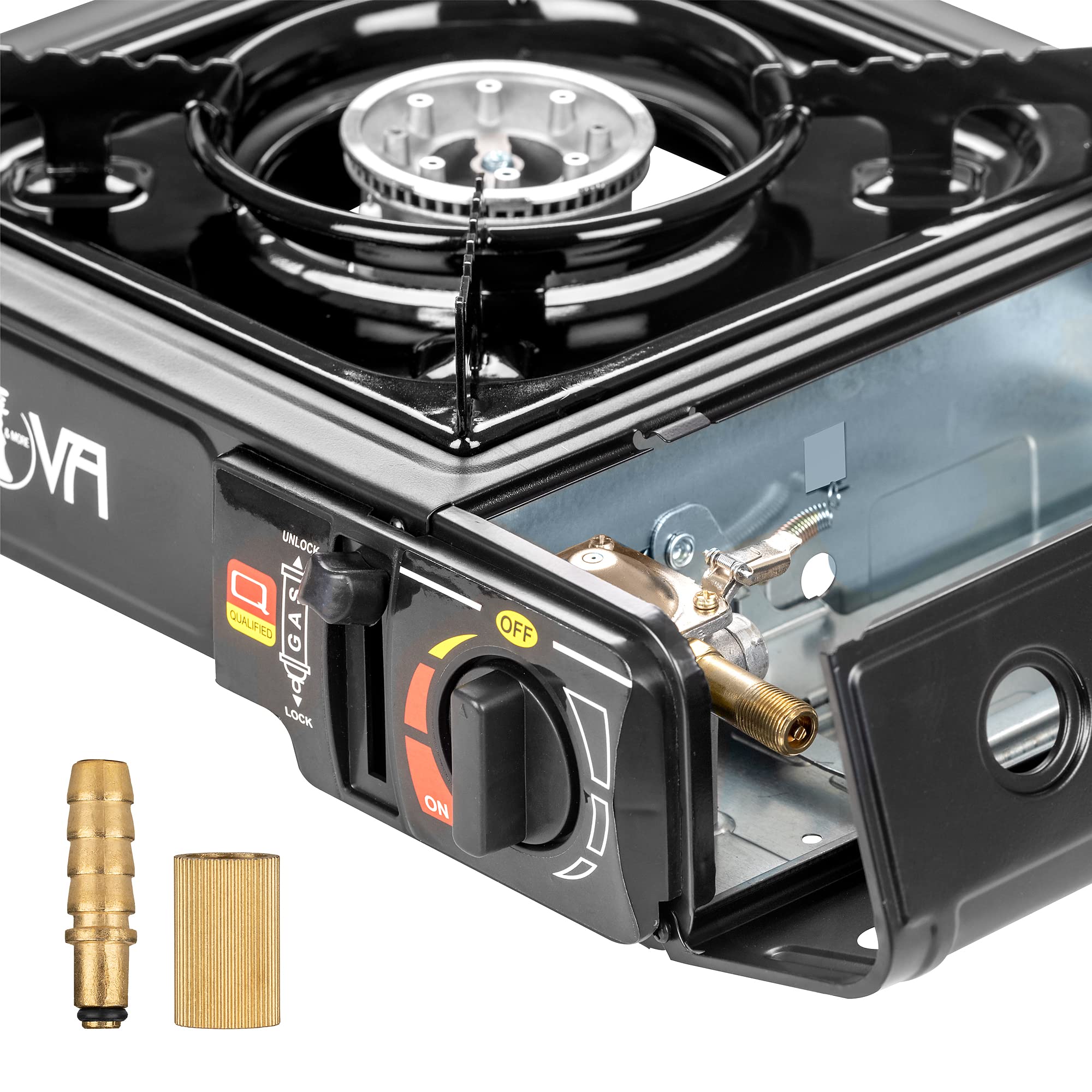 Mianova 2 in 1 LPG Anschluss Campingkocher Gaskocher Set für Gaskartuchen + Grillplatte + Koffer + Windschutz Optional mit Gas