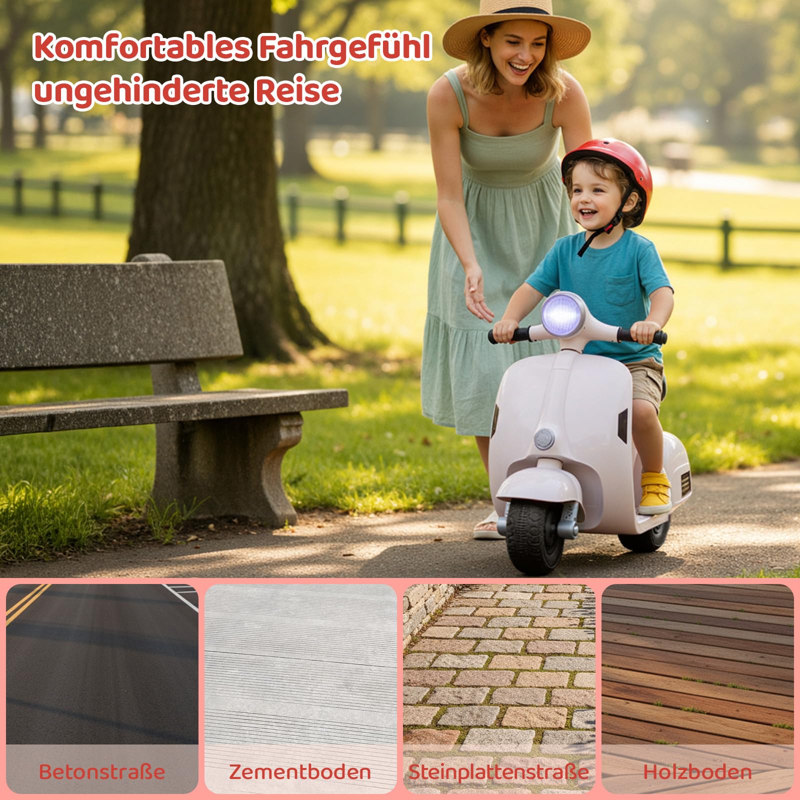 MAMIZO Moto Elettrica per Bambini 6V, Moto Giocattolo Cavalcabile a 3 ruote, Avanti e Indietro, con schienale, Fari, USB, Pedali, Musica, 72x56x37 cm, 2 km/h, max 20 kg, per bambini 3-6 anni, Bianco