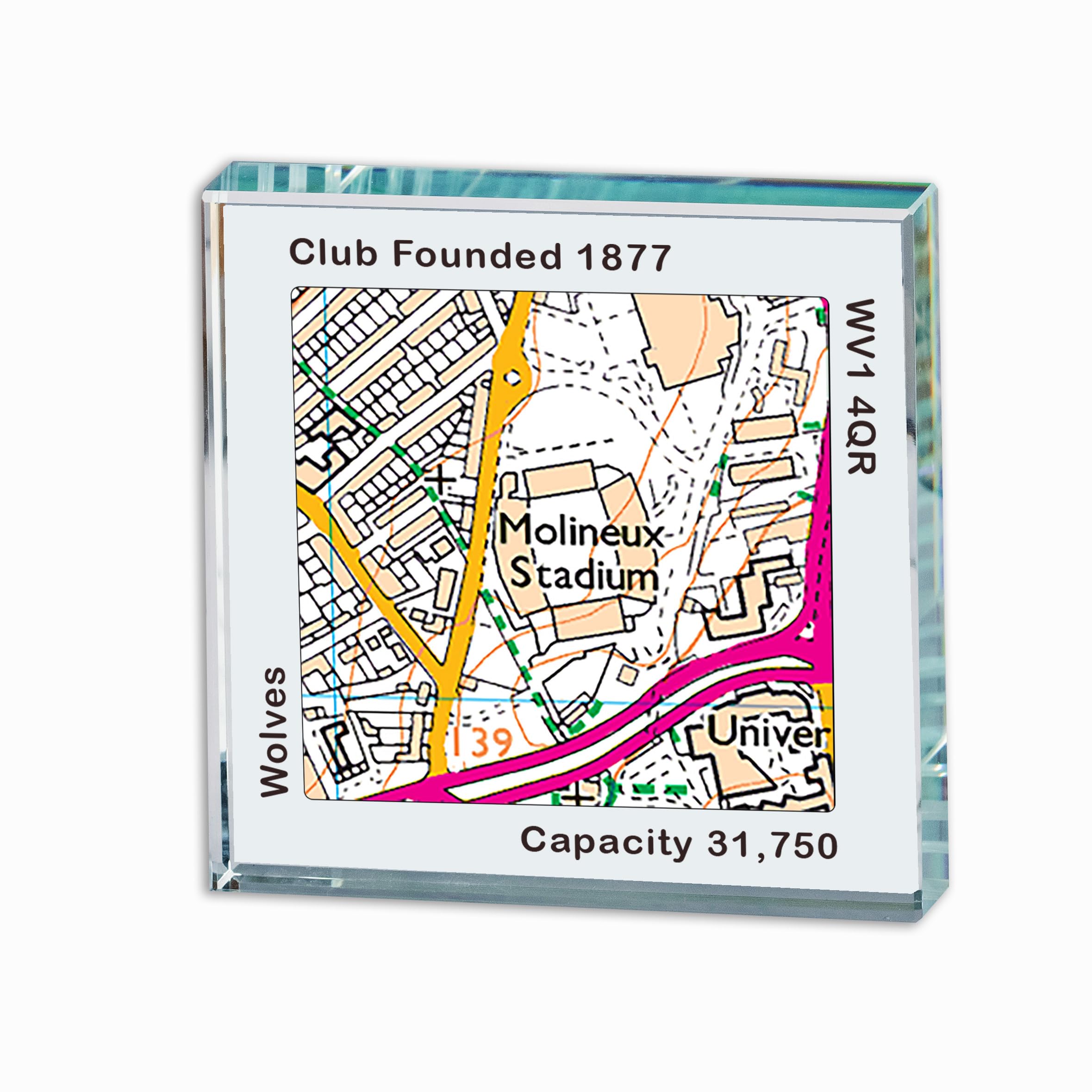 Wolverhampton Wanderers Football Ground Glass Token, Molyneux Stadium Map Glass Tile, Football Stadium Map Token, Wolves Football Gift, Wolves Football Ground Crystal Tile
