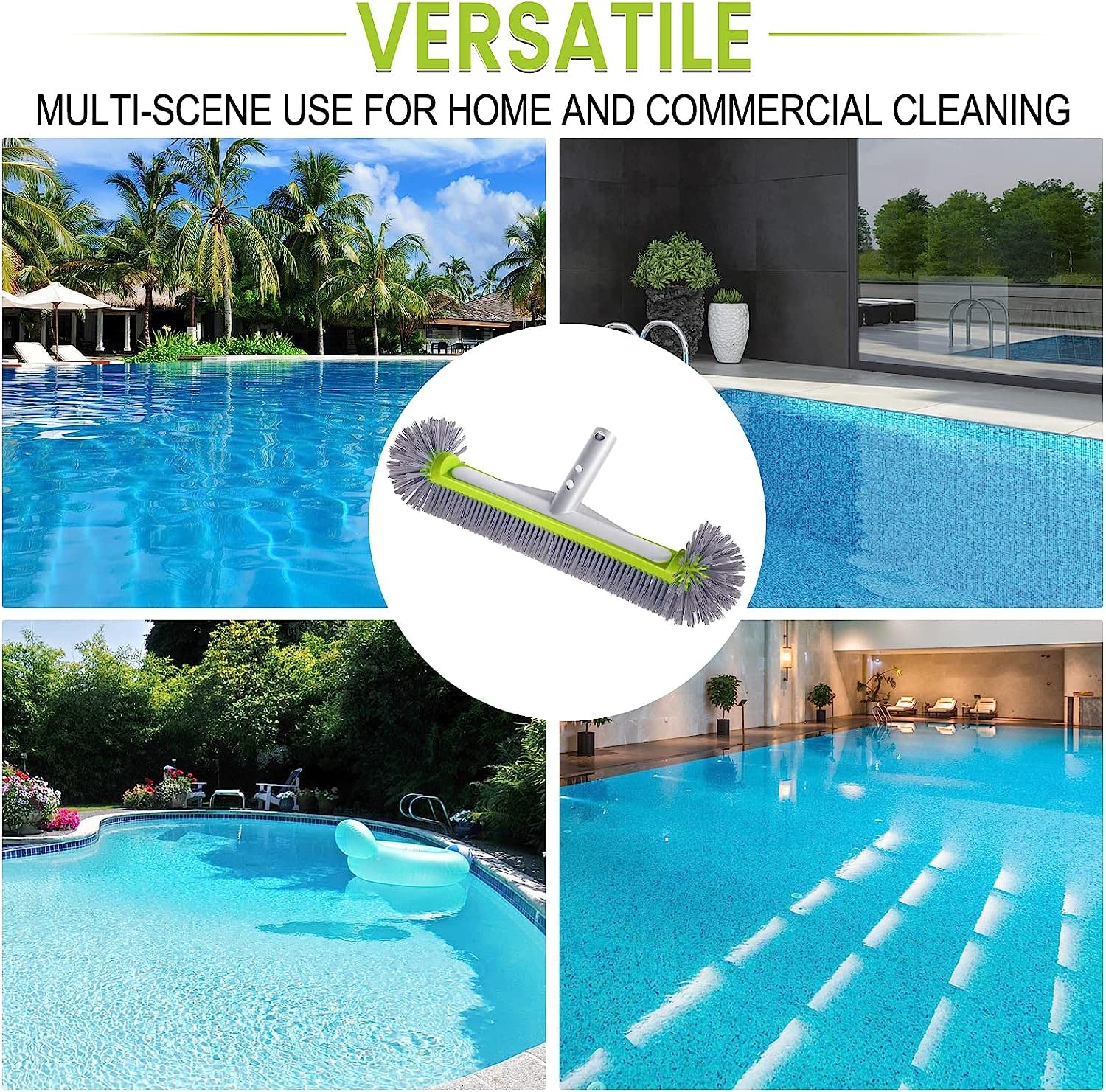 Cepillo profesional para paredes y azulejos de piscina, con extremos hemisféricos, cabezal trasero de aluminio resistente de 17.5 pulgadas para limpiar paredes, azulejos y suelos, 7 filas de cerdas de