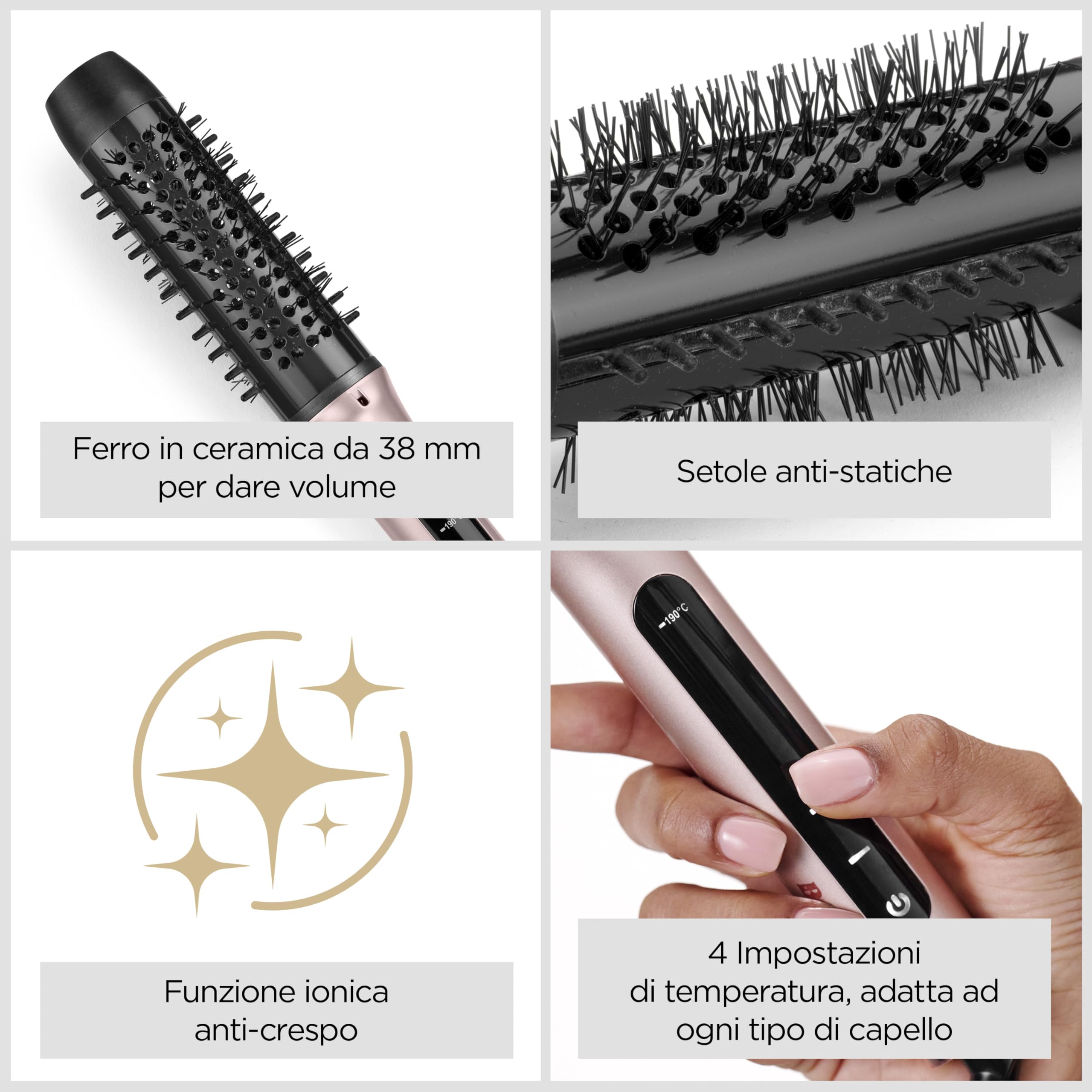 BaByliss Volume Boost Spazzola Termica Calda - Spazzola Arricciacapelli Riscaldata con Cilindro da 38mm, Ionico Anti-Crespo, 4 Impostazioni di Calore, Multi-Voltaggio, Rosa/Nero, HSB200E