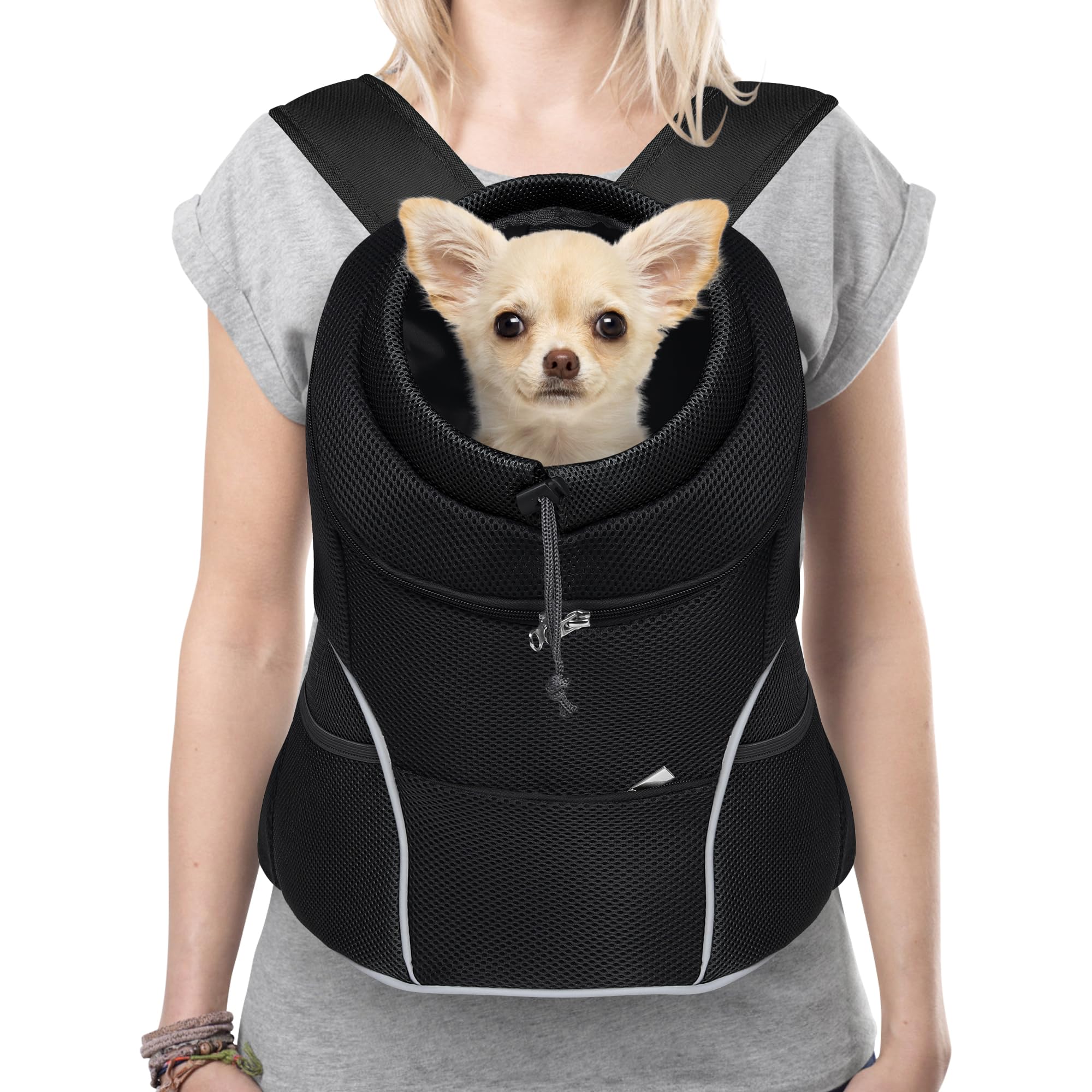 YUDODO 9-14lbs Dog Front Carrier Backpack, Adjustable Breathable Pet Carrier for Small Dogs, Ventilated Puppy Back Pack with Safety Belt, Lightweight