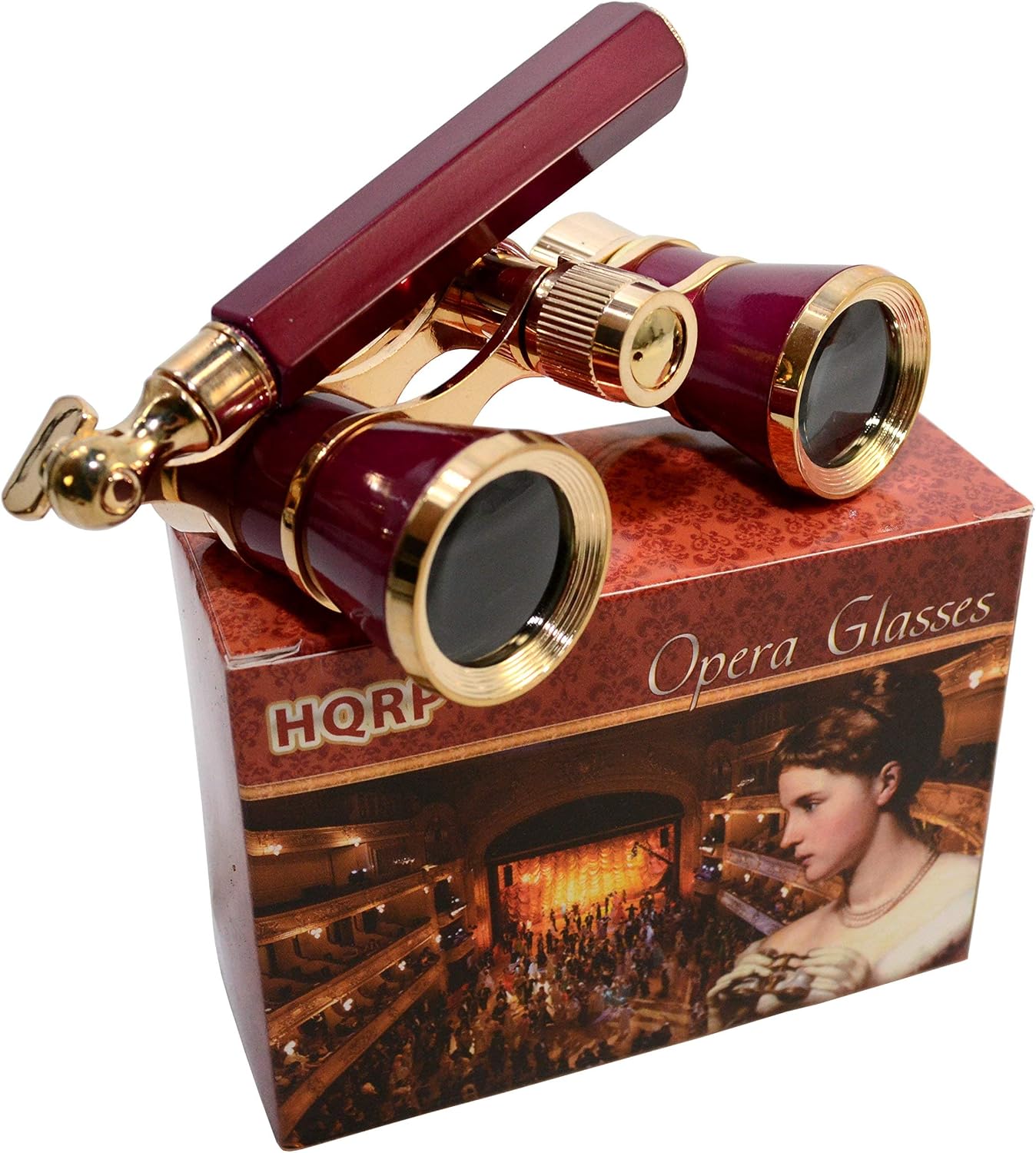 HQRP New Generation Opera Glasses Binocular 3 x 25 w/Crystal Clear Optic (CCO) & Built-in Extendable Handle/Burgundy with Gold Trim