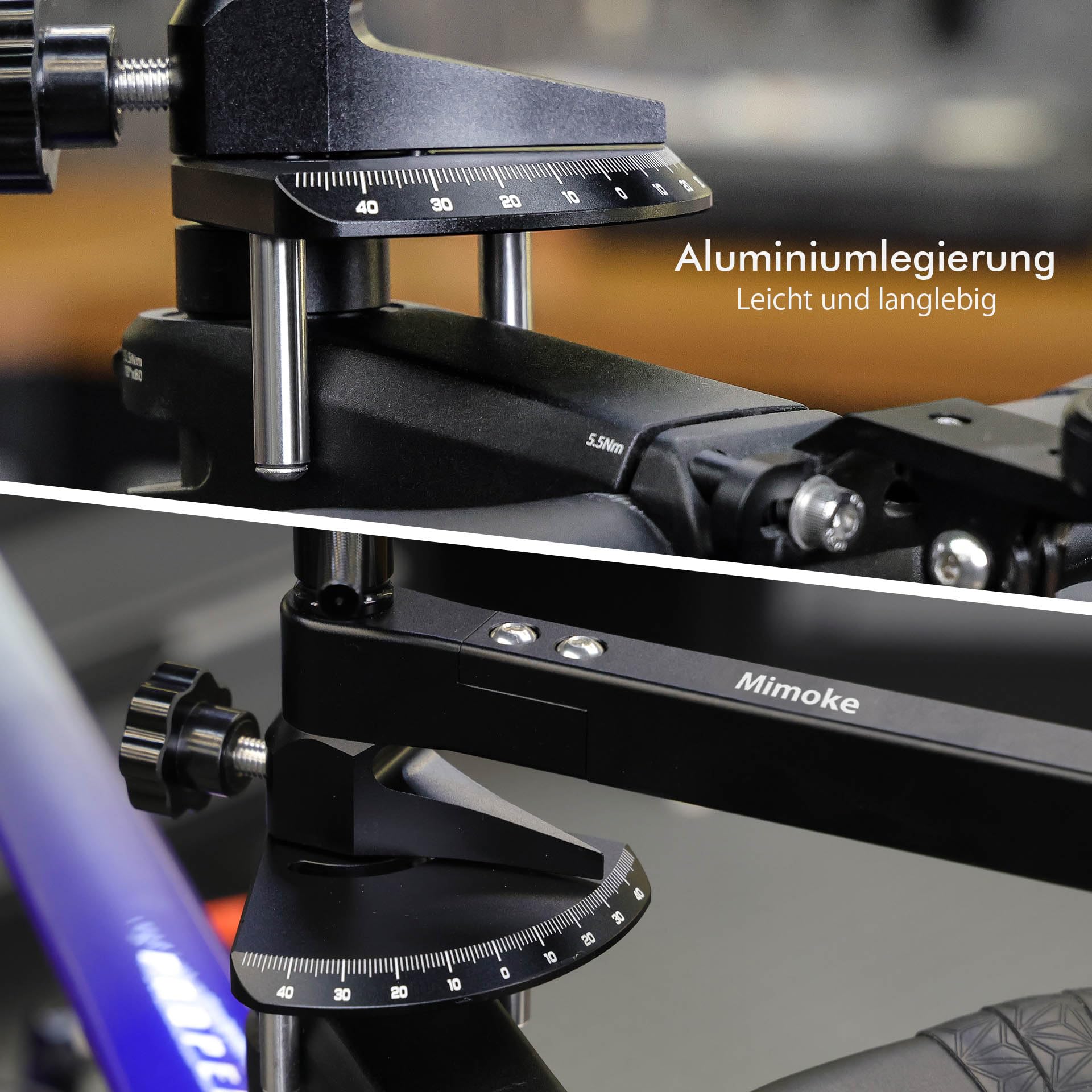Mimoke PRO Fahrrad Einstellwerkzeug für Schalthebel und Bremshebel | Präzises Lenkerwinkel-Messgerät aus Aluminium mit lasergravierter Skala, geeignet für Rennrad- und Aero-Lenker 340–460 mm