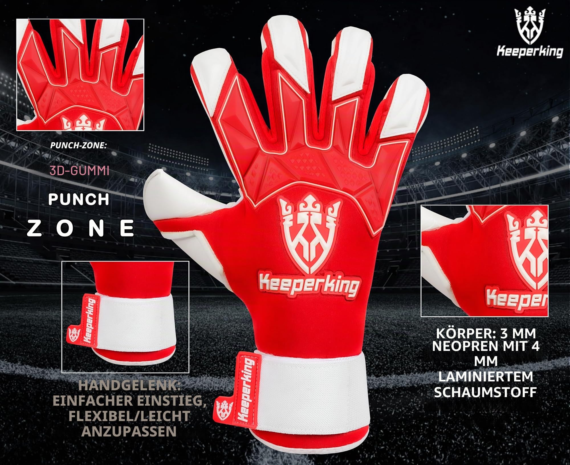 Keeperking Torwarthandschuhe Herren, Erwachsene, Jungen | Hybrid-Innennaht Professional Contact Next Grip 4 mm, maximaler Grip, Schutz und Komfort mit Easy-Slip-System | Fußball-Torwarthandschuhe
