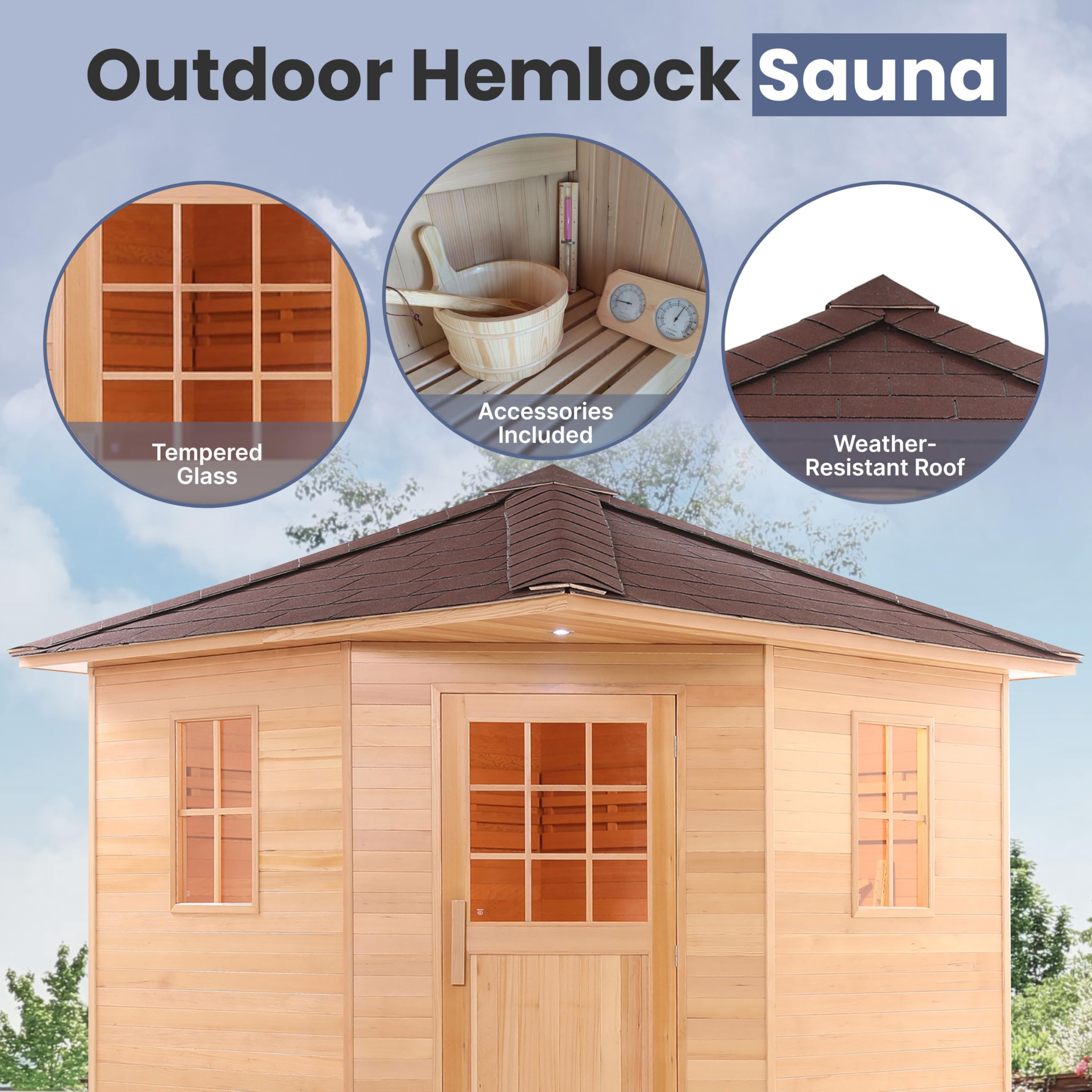 ALEKO Sauna Cottage with Asphalt Roof and Accessories | Canadian Hemlock Wood | Wet Steam Room | Outdoor | 8 Person | Upgraded Premium European 8 kW Harvia KIP Electric Heater | SKD8HEM