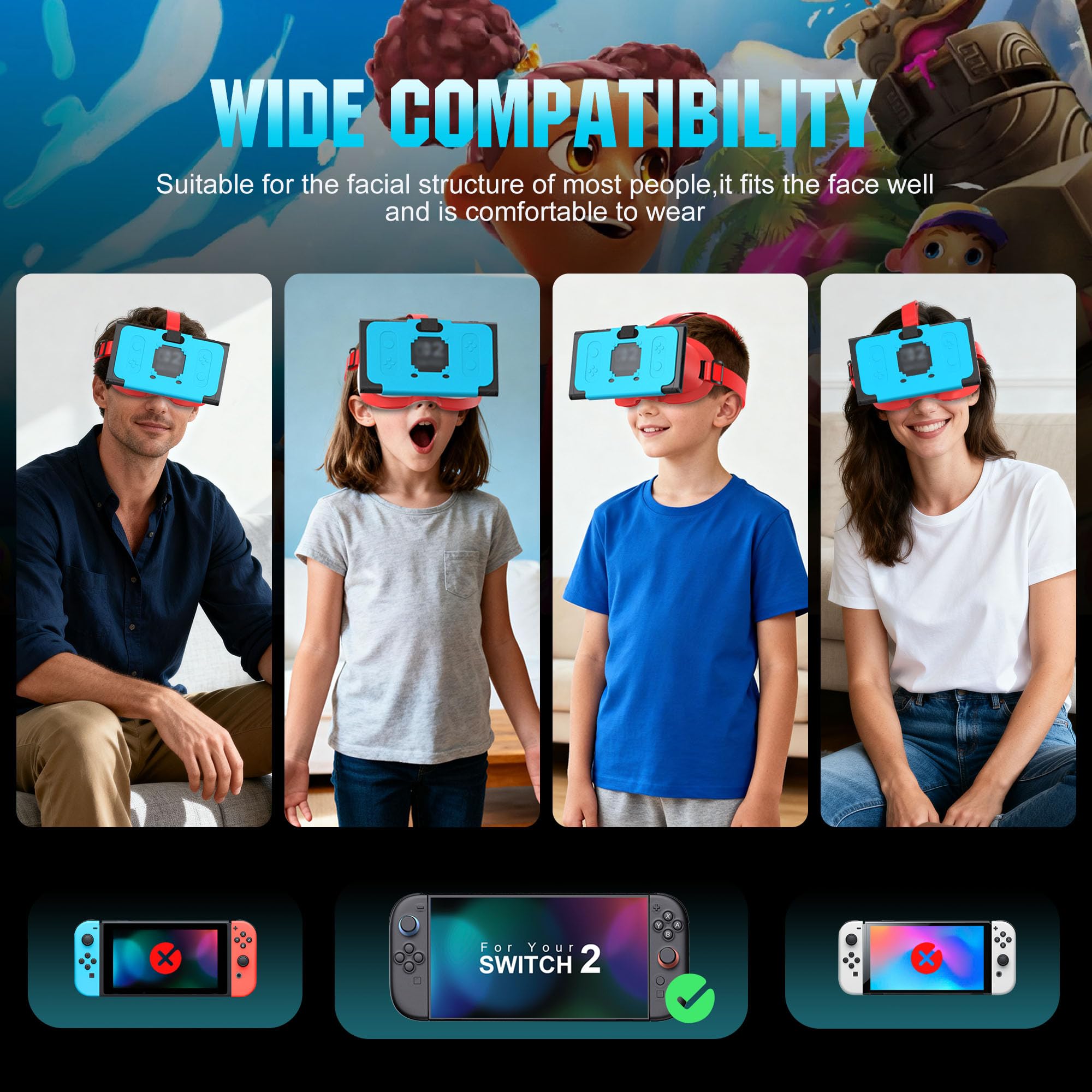 Auriculares VR para Nintendo Switch 2 (2025), lentes HD ajustables y cómoda correa para la cabeza para gafas de realidad virtual SW2, gafas 3D para accesorios Switch 2 (azul rojo)
