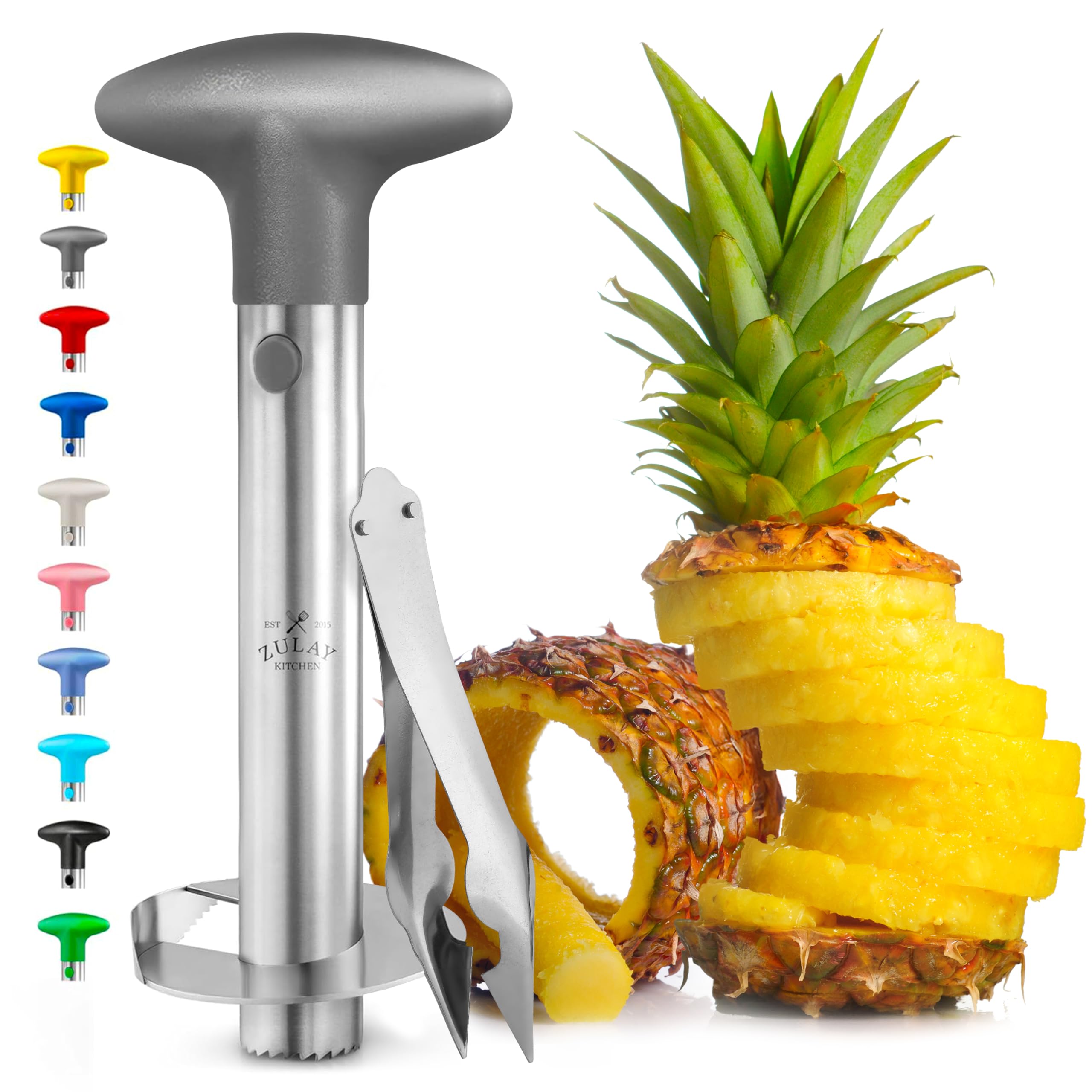 Zulay Kitchen Stainless Steel Pineapple Corer & Slicer + Eye Removal Tool – Heavy Duty Pineapple Cutter with Reinforced Blade – Effortless Pineapple Core Remover & Slicer - Gray