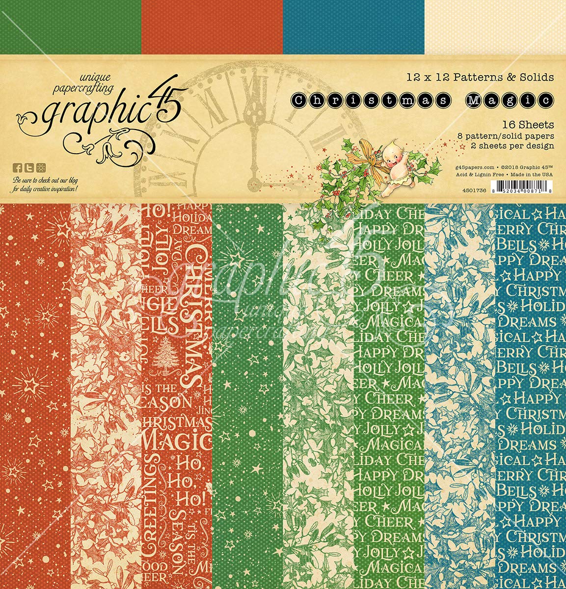 Graphic 45 Christmas Magic Patterns & Solids Craft Paper, Multi