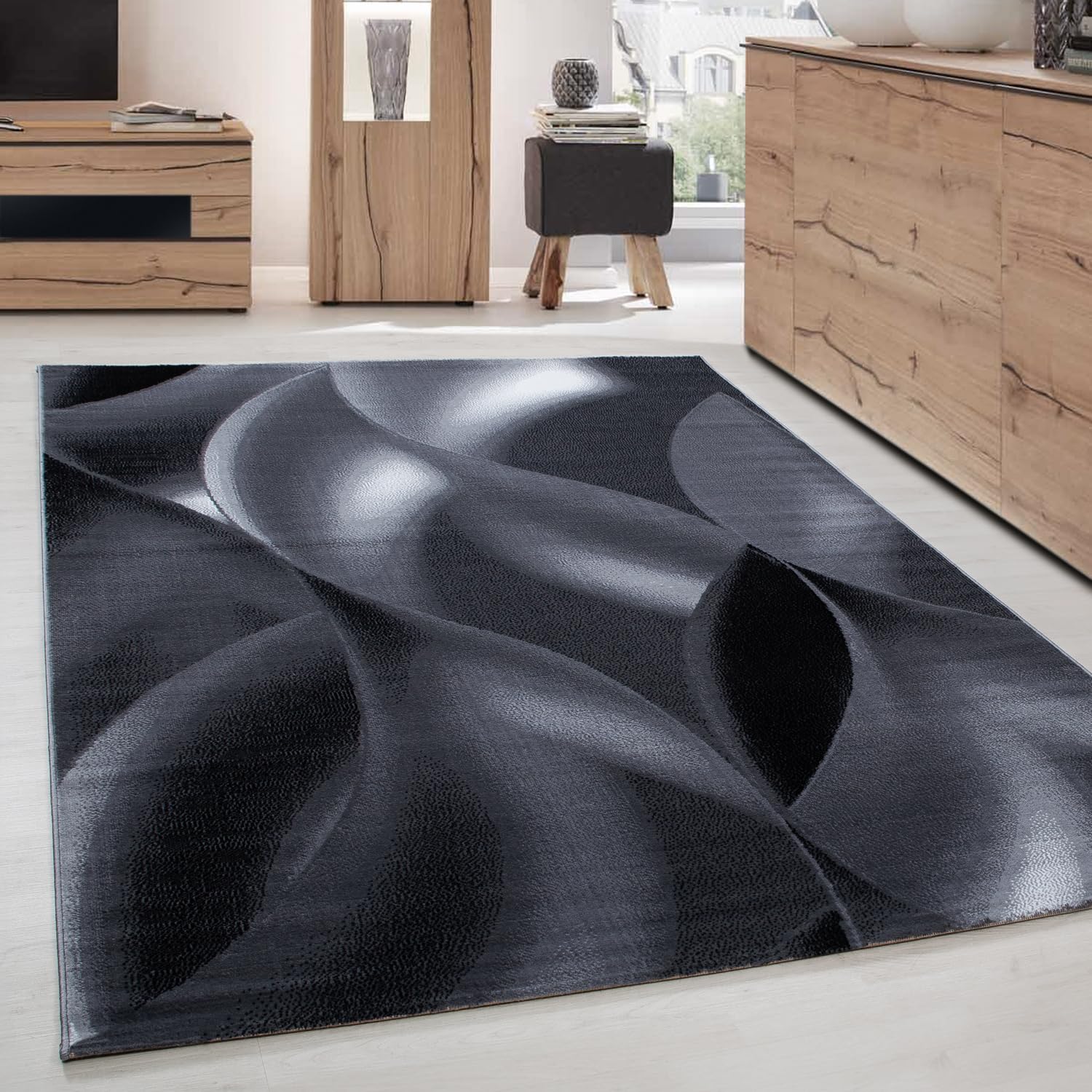 Carpettex Teppich Tapis de salon moderne, abstrait, design à vagues, 160 x 230 cm, noir, moelleux, doux, lavable, cuisine, salle à manger, chambre d'enfant, salon