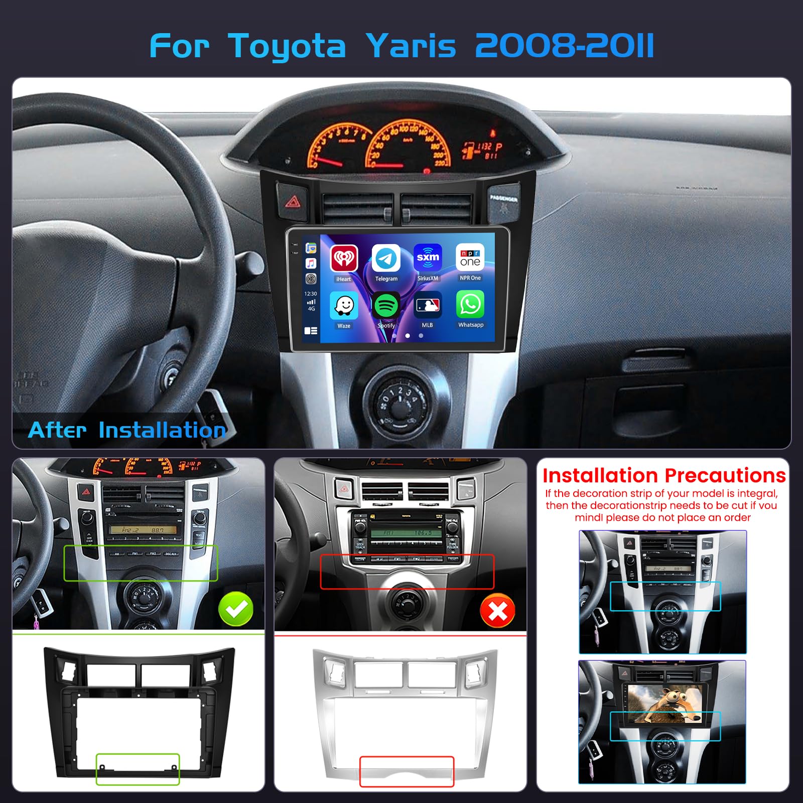 Inefala 4+64G Autoradio per Toyota Yaris 2008-2011 Android 15 mit 9'' In-Cell Schermo Soporta Wireless Carplay und Android Auto Mirror Link Radio FM/RDS GPS WIFI Bluetooth SWC Telecamera Posteriore