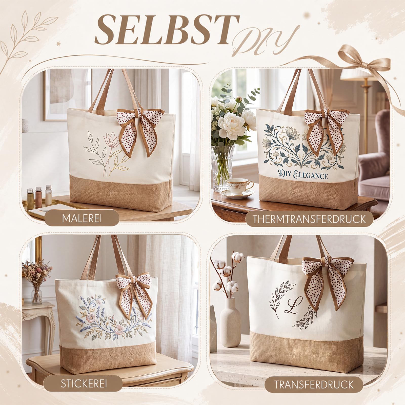 Xuniea 4 Set Borsa in Juta Borse Tote con Fiocco per Matrimonio Regalo per Damigella d'Onore in Cotone e Juta per Sposa, Team della Sposa, Addio al Nubilato