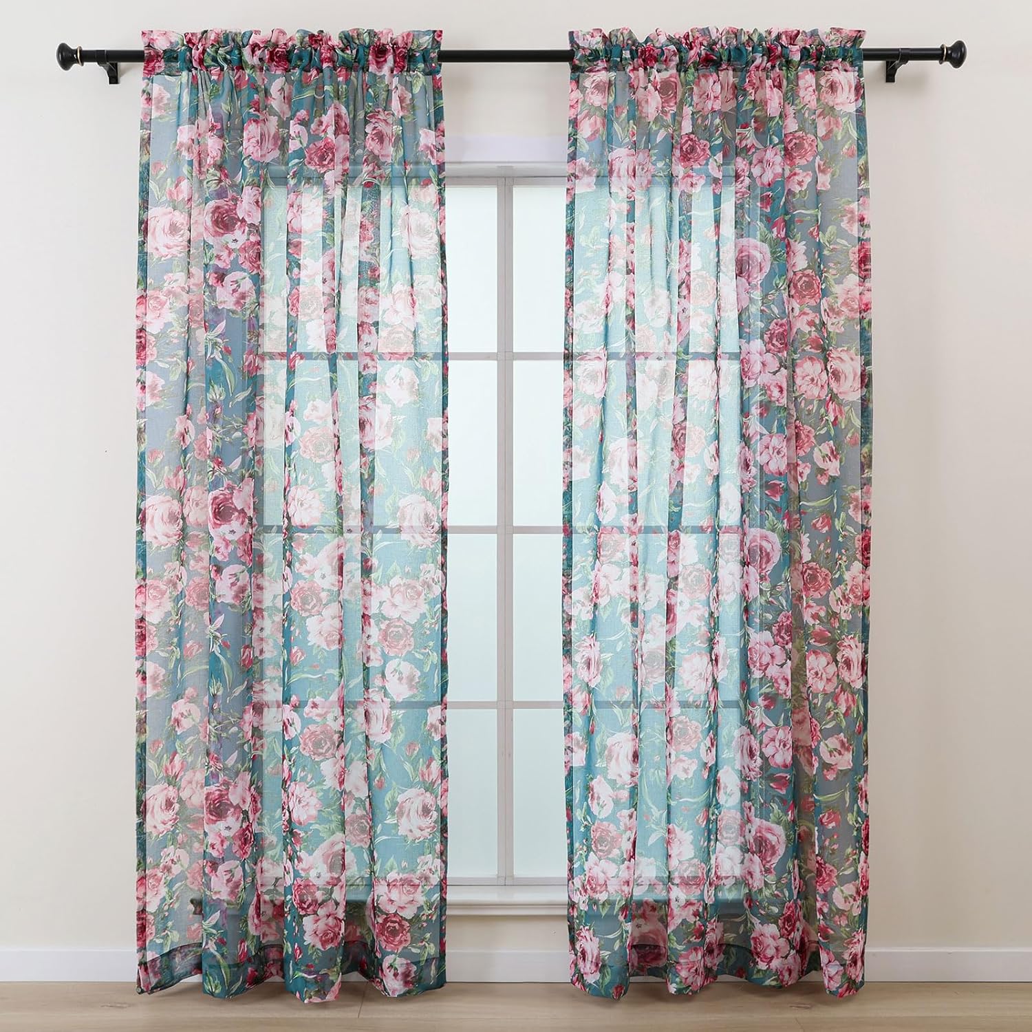 L.Z.E Floral Sheer Curtains 63 Inches Long 2 Panels, Light Filtering Vintage Curtains for Living Room Bedroom Dining Room, Pink Flowers on Teal Green Rod Pocket Semi Sheer Short Window Drapes
