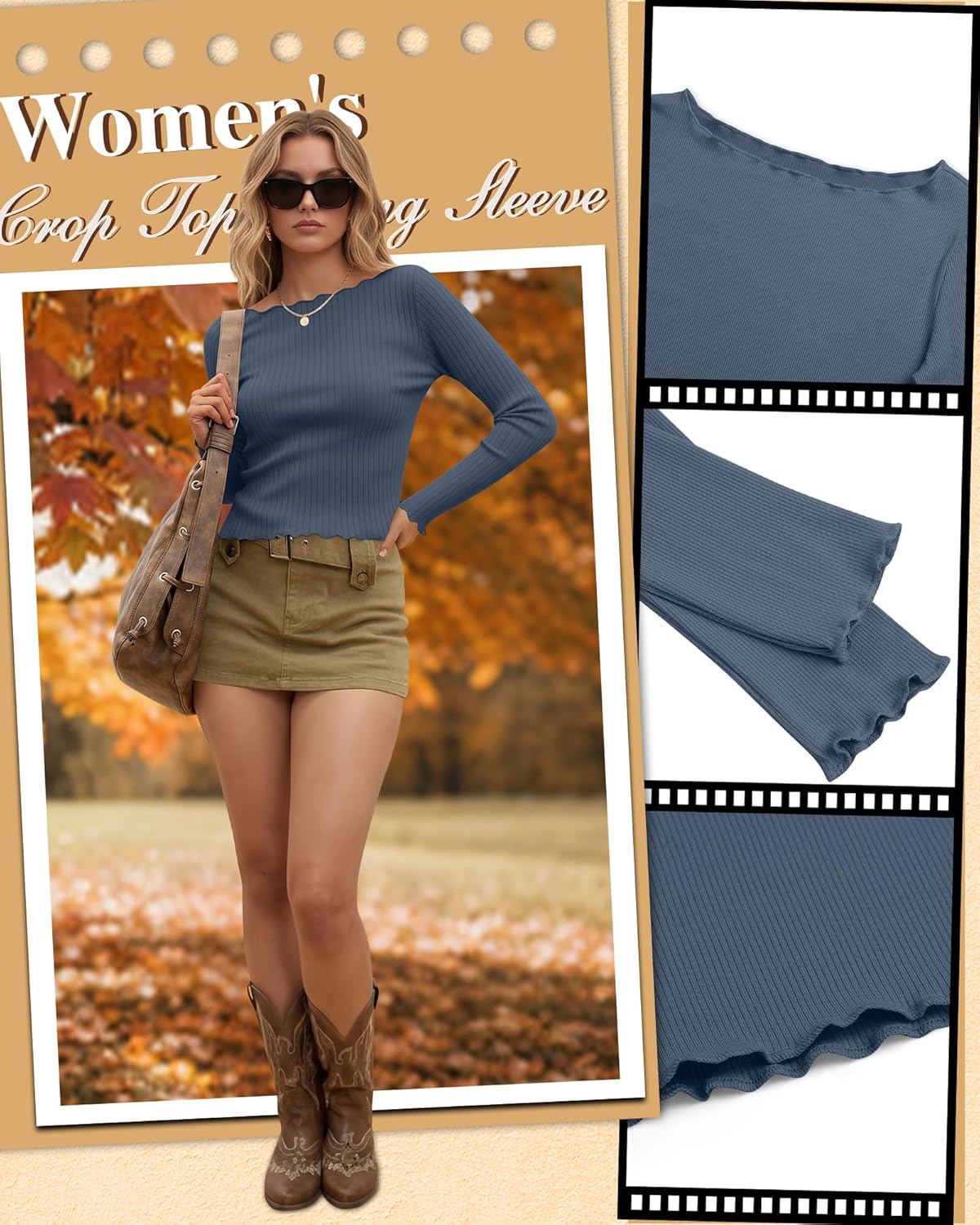 Neer 3 Pack Women's Crop Tops Long Sleeve Cotton Boat Neck Shirts Lettuce Trim Ribbed Slim Fit Casual Basic Tees - Image 4