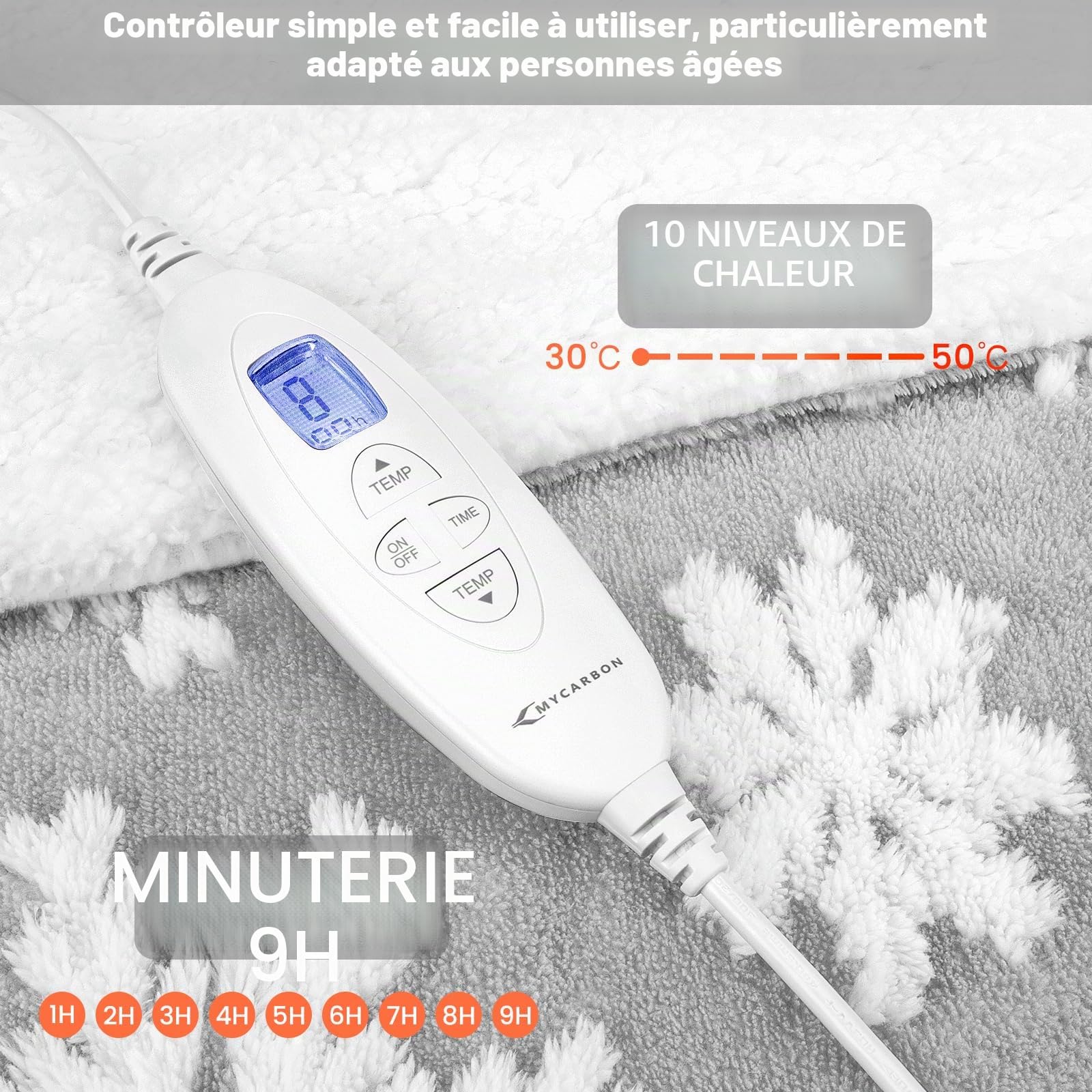 MYCARBON Couverture Chauffante 180x160cm, 2 Places, Plaid Chauffant Électrique pour Lit, Canapé, Arrêt Automatique, 10 Températures, Minuterie 9h, Lavable en Machine, Protection Contre la Surchauffe