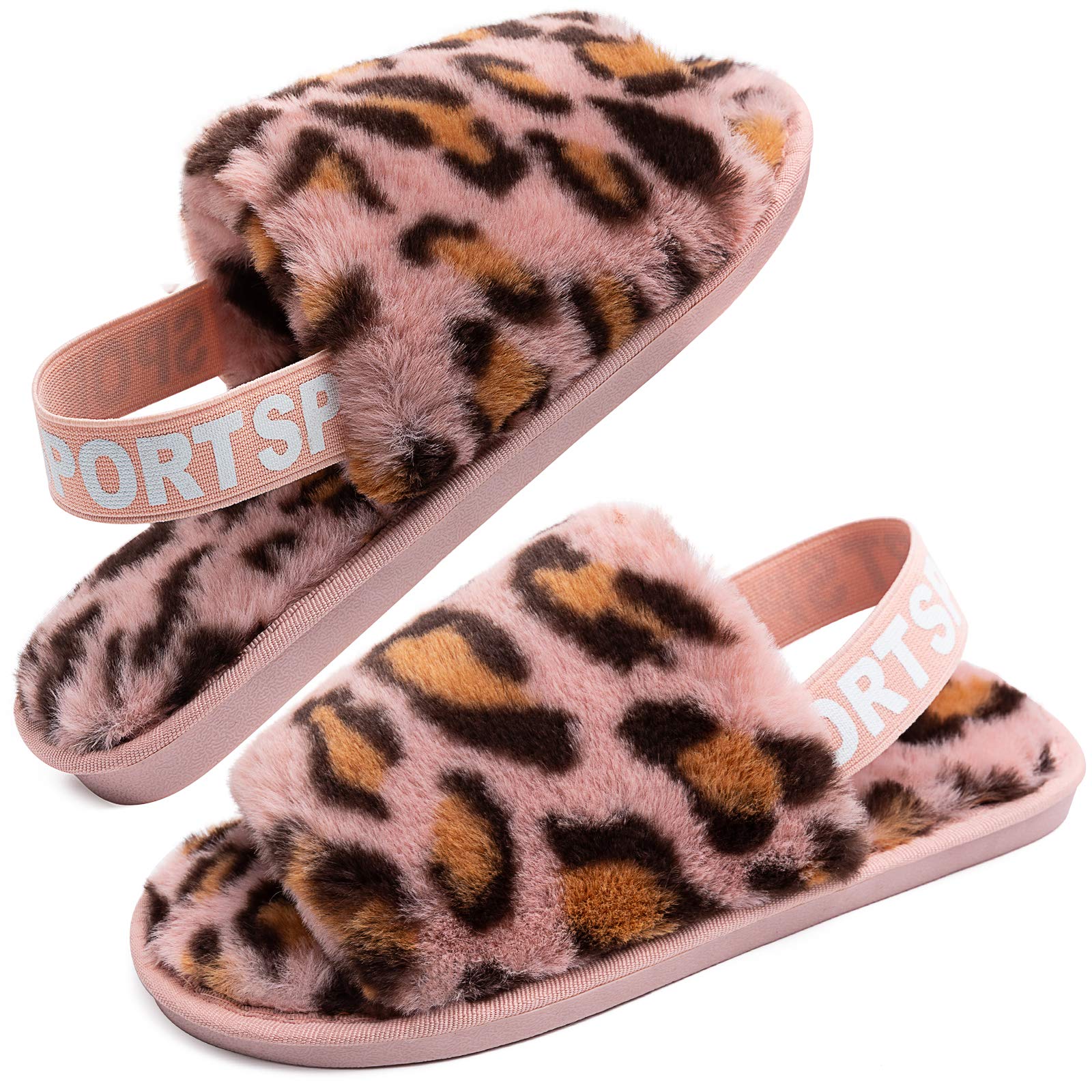 Womens Leopard Fuzzy Slippers Soft Plush Open Toe Faux Fur House Slide Sandals Indoor Spa Bedroom Flat Shoes with Elastic Strap