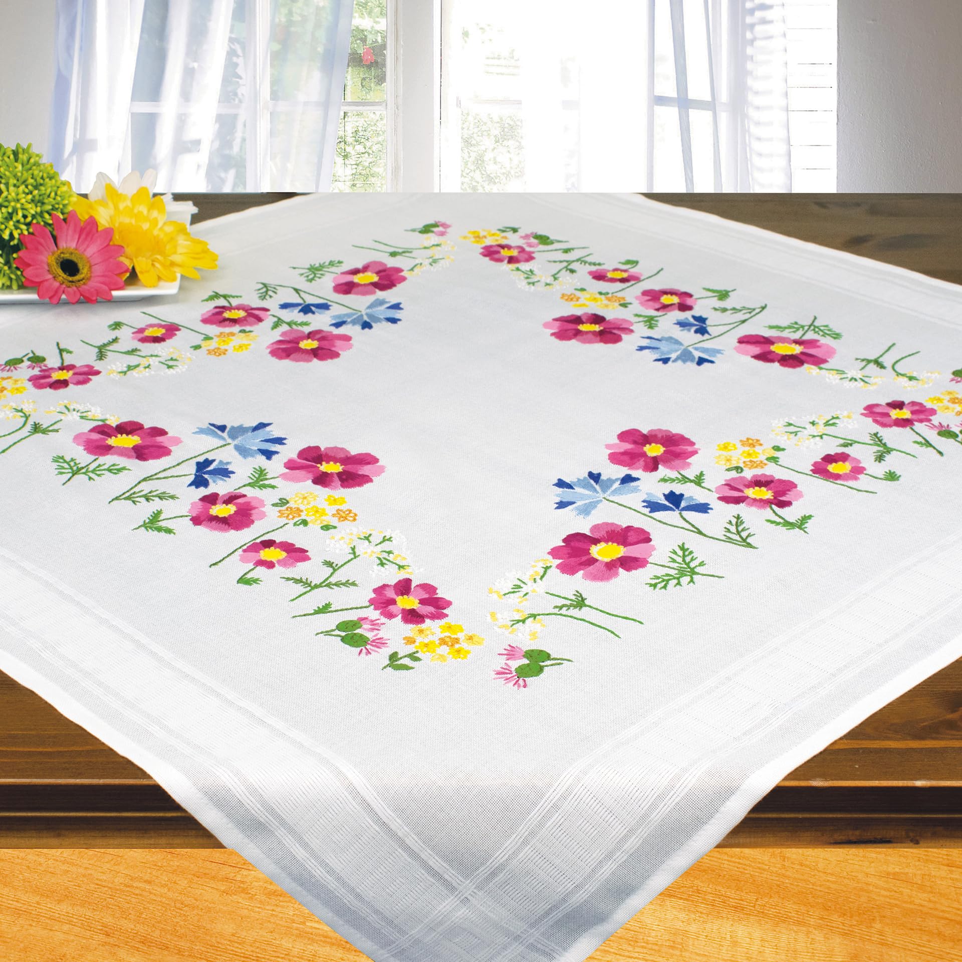 KAMACA Embroidery Kit, Tablecloth, Stretch Stitch, Flowers, Pre-Printed Embroidery Blanket Including Embroidery Thread, Embroidery Template and Instructions (English language not guaranteed