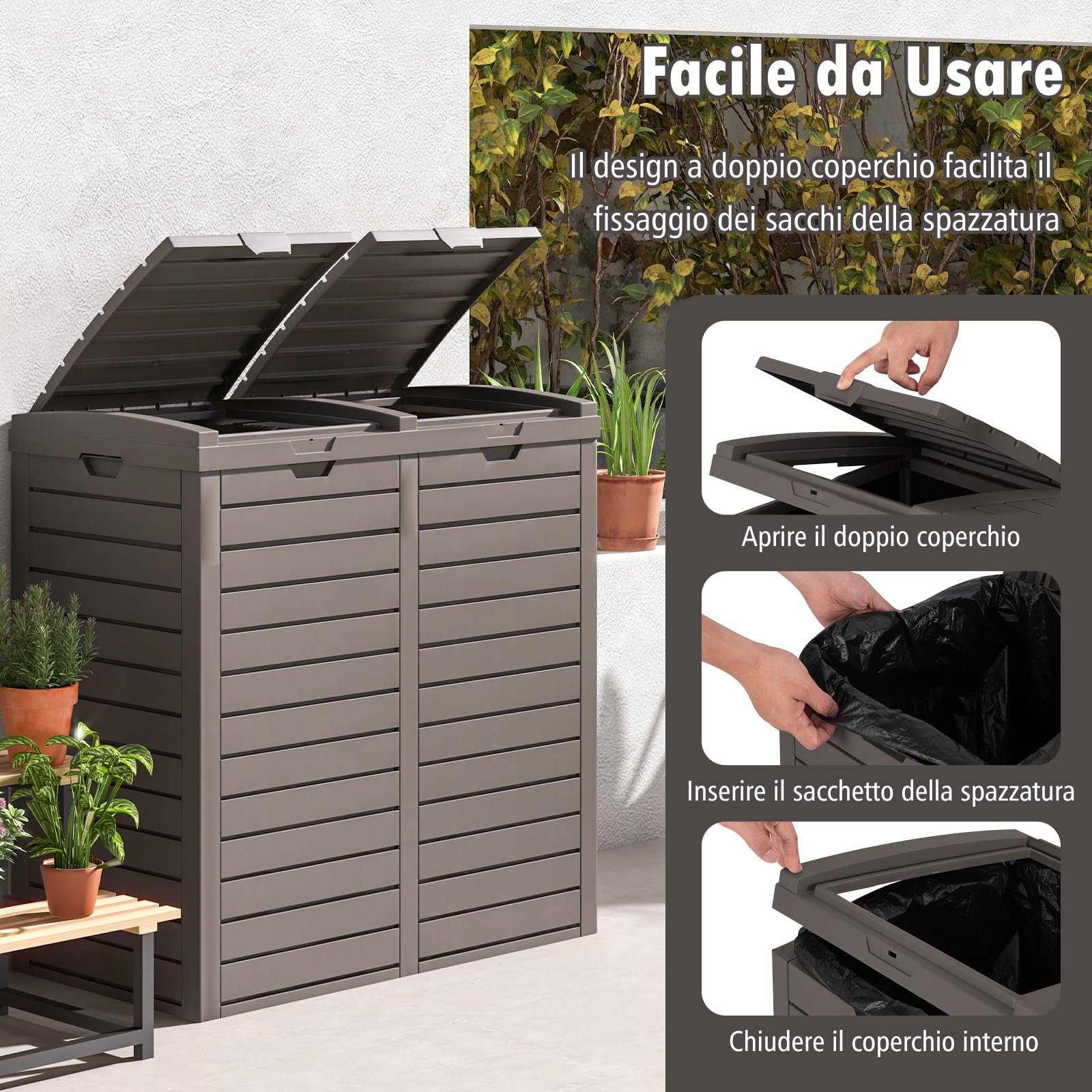 RELAX4LIFE Pattumiera Differenziata Esterno per Giardino a 1 o 2 Scomparti, con Vassoio per Liquidi, Coperchio e Maniglia,in Resina Resist. Intemperie(1, MARRONE, 235L)