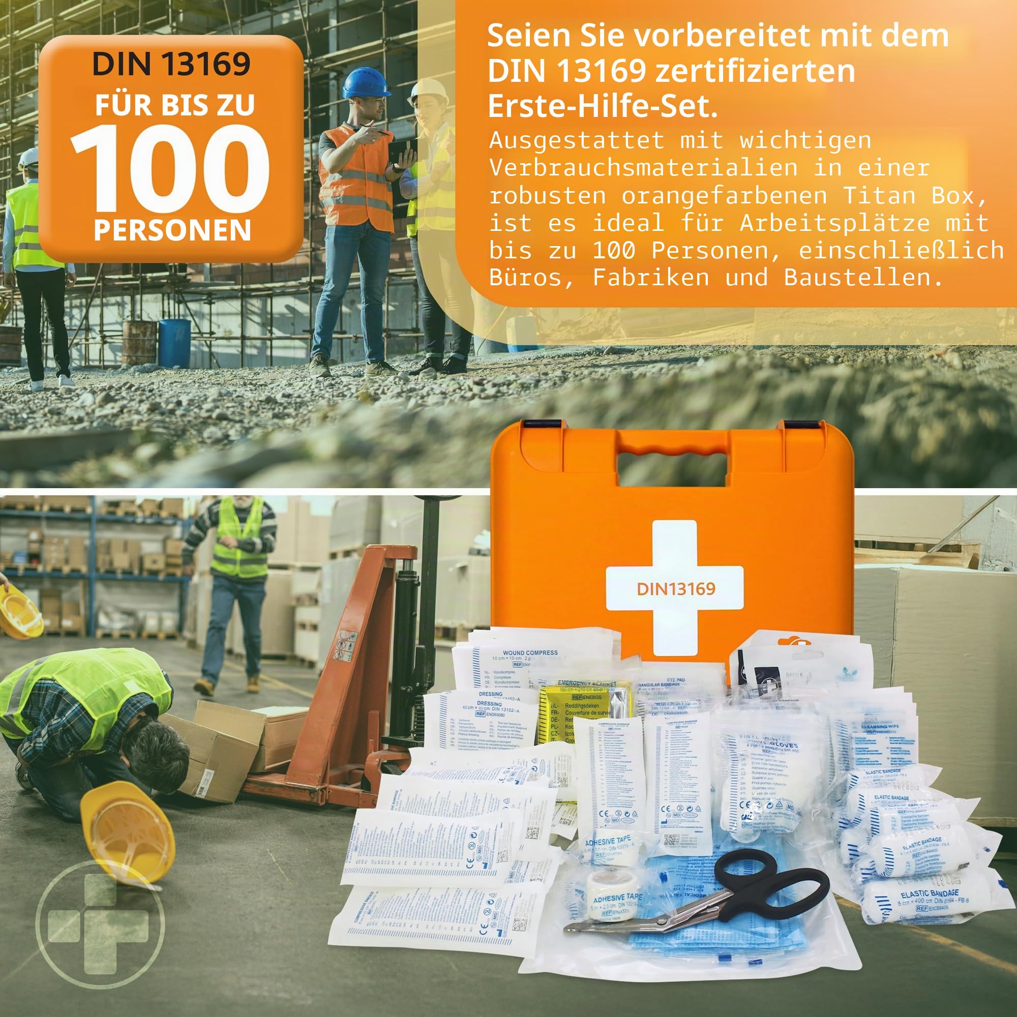 Reliance Medical Großes Erste-Hilfe-Set für Arbeitsplätze – DIN 13169 Kit, Robuste Recycelte Titan Box für Fabriken und Große Büros, Behandelt Verletzungen für Bis zu 100 Personen, Kasten mit 74 Stück