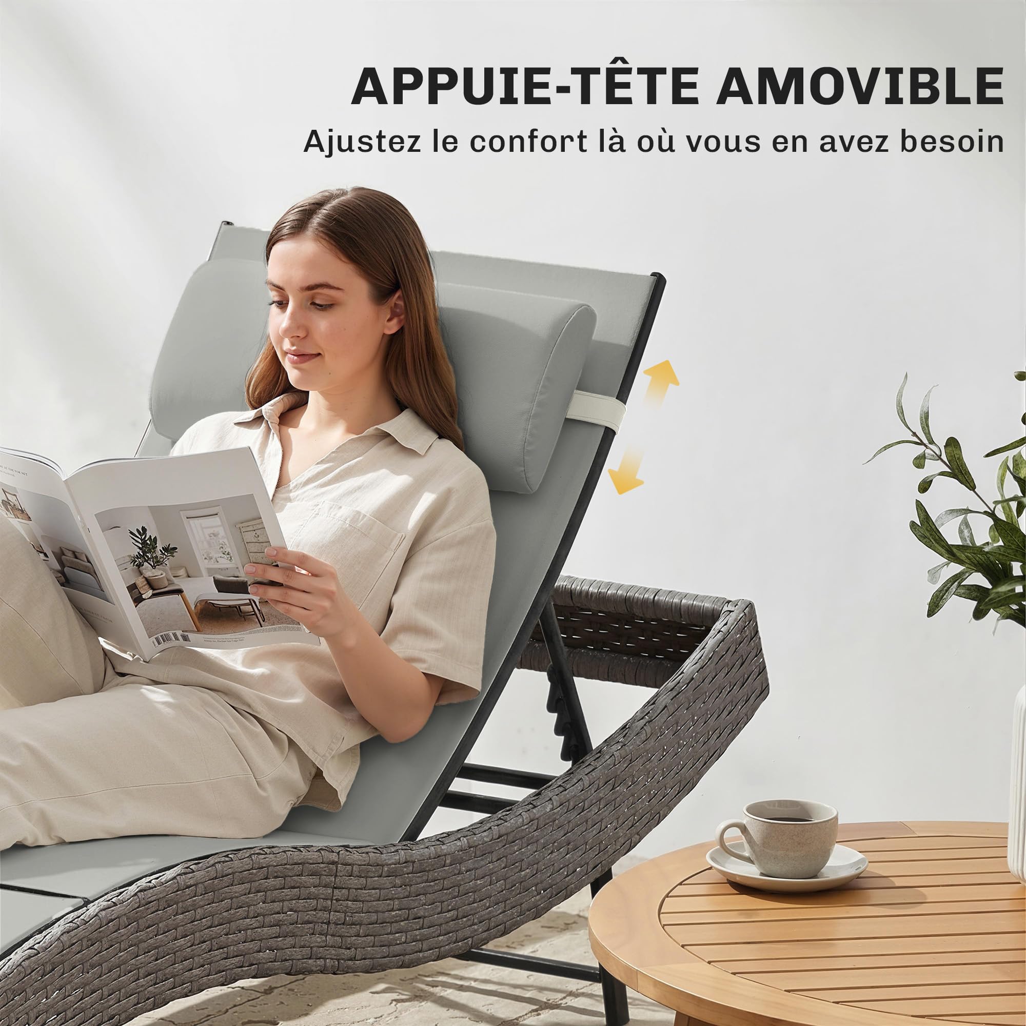 Outsunny Chaise Longue en Résine Tressé Bain de Soleil Jardin Gris Clair