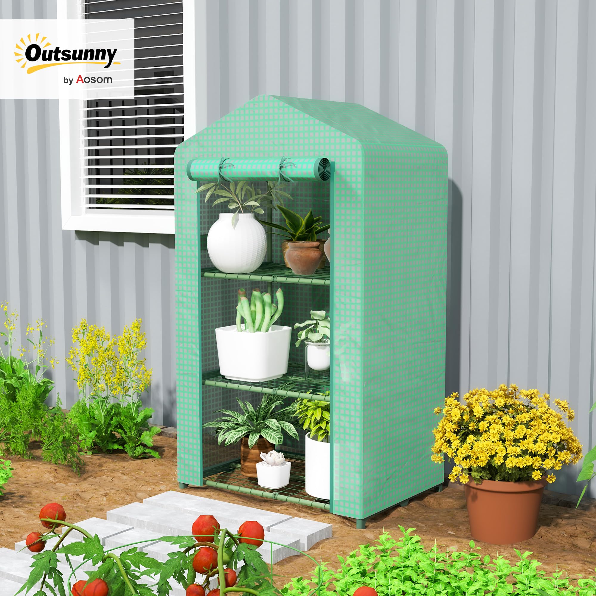 Outsunny Invernadero de Jardín de 3 Niveles, Invernadero de Exterior con 3 Estantes, Puerta Enrollable, Marco de Metal, Cubierta de PE, Anti-UV, Impermeable, para Terraza, Patio, 69x49x125 cm, Verde