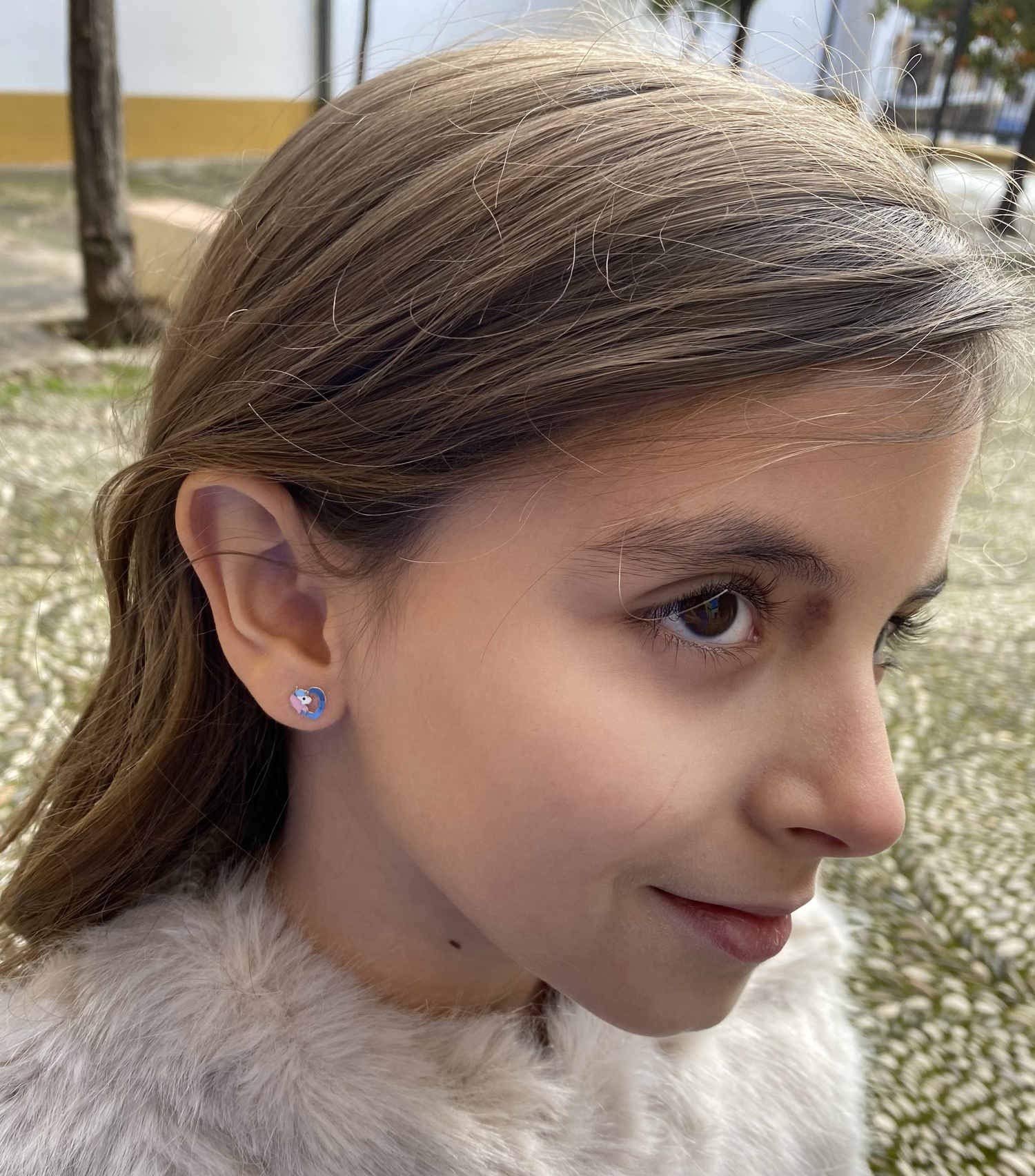 Orecchini in oro da bambina, 18 carati, motivo: Unicornios