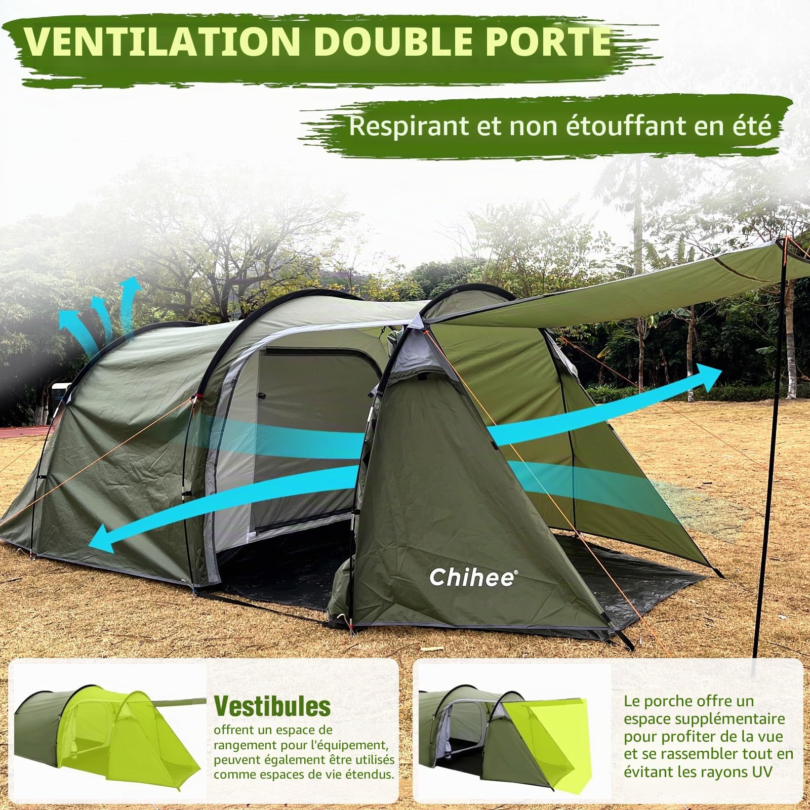 Chihee Tente Tunnel de Camping pour 4 Personnes avec 2 Portes - Résistante aux intempéries - Tente 4 Saisons - avec Porche blindée - Sac de Transport Rainfly pour Les Voyages en Plein air et la
