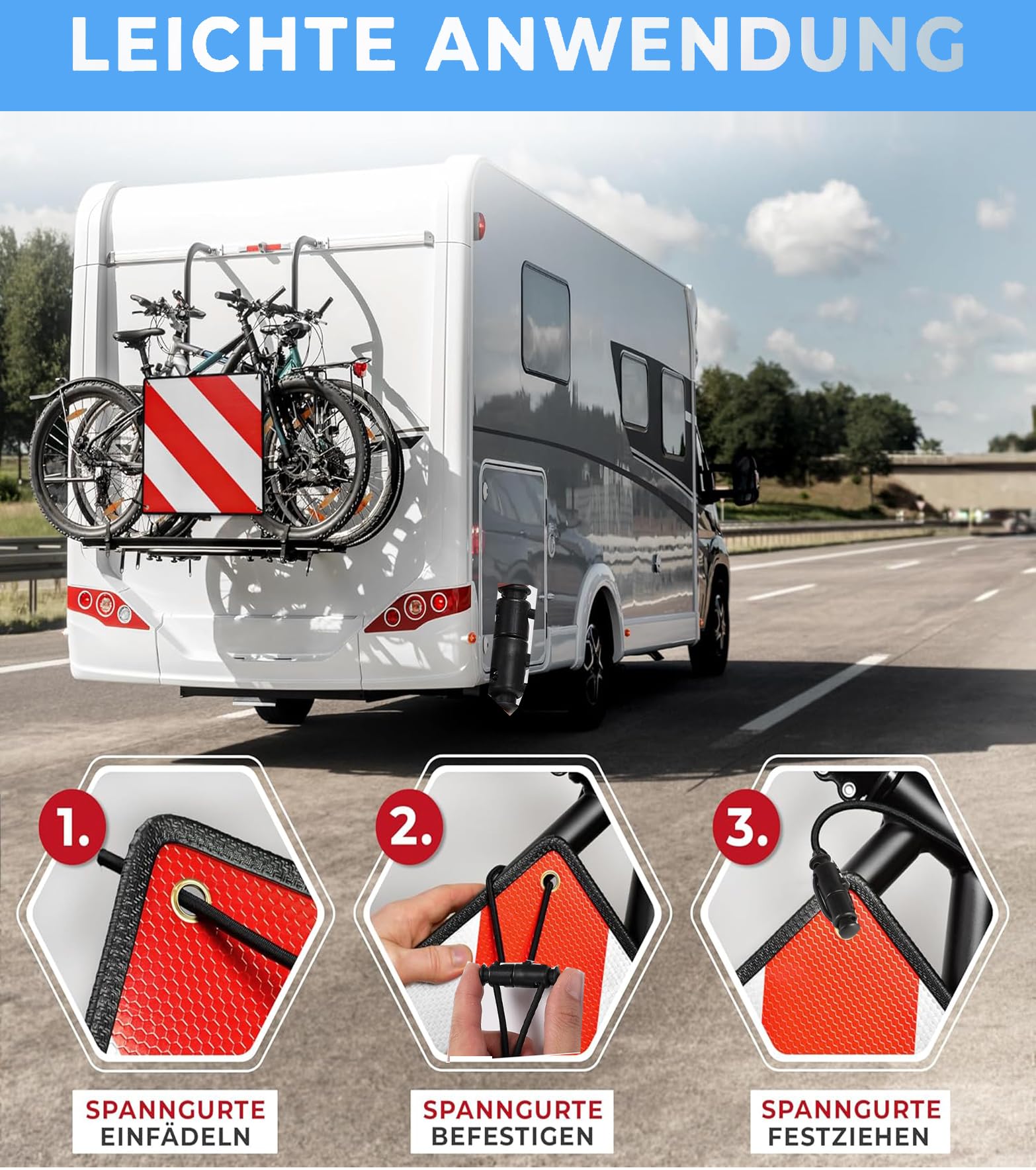Warntafel für Italien Spanien und Portugal Fahrradträger,3 In 1 Alu Reflektierend Warnschild(50 x 50 cm) mit 4X Spannseile,Zertifizierte für Fahrradträger Heckträger & Auto Wohnmobil