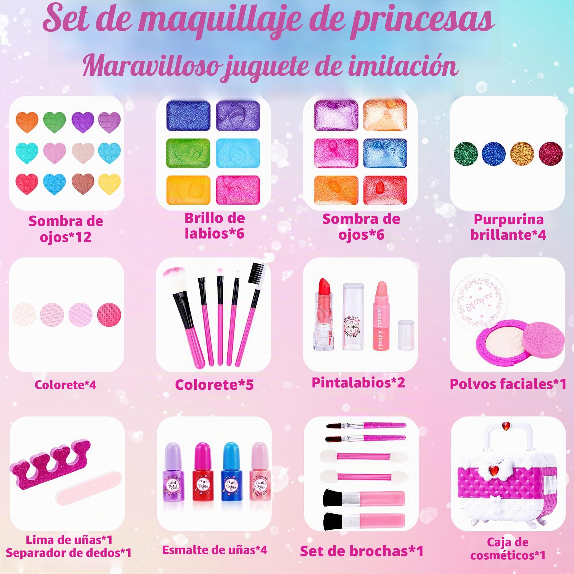 Set de maquillaje para niños de 53 piezas, juego de maquillaje para niñas, set de maquillaje no tóxico y lavable, set de regalo de maquillaje, juego de rol para Navidad y Halloween, maletín de