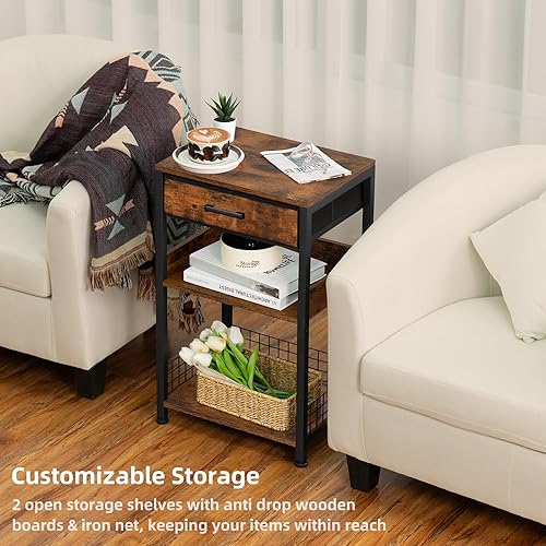 Miniatura 5 de Lerliuo Juego de mesa auxiliar negra de 2 niveles con cajón de tela, estante alto de madera para impresora con estante de almacenamiento, mesita de