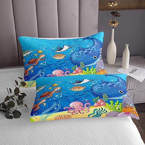 Miniatura 3 de Juego de ropa de cama individual de animales marinos, tiburón, pulpo, tortuga, coral, cubrecama acolchado de dibujos animados de mundo submarino, 2