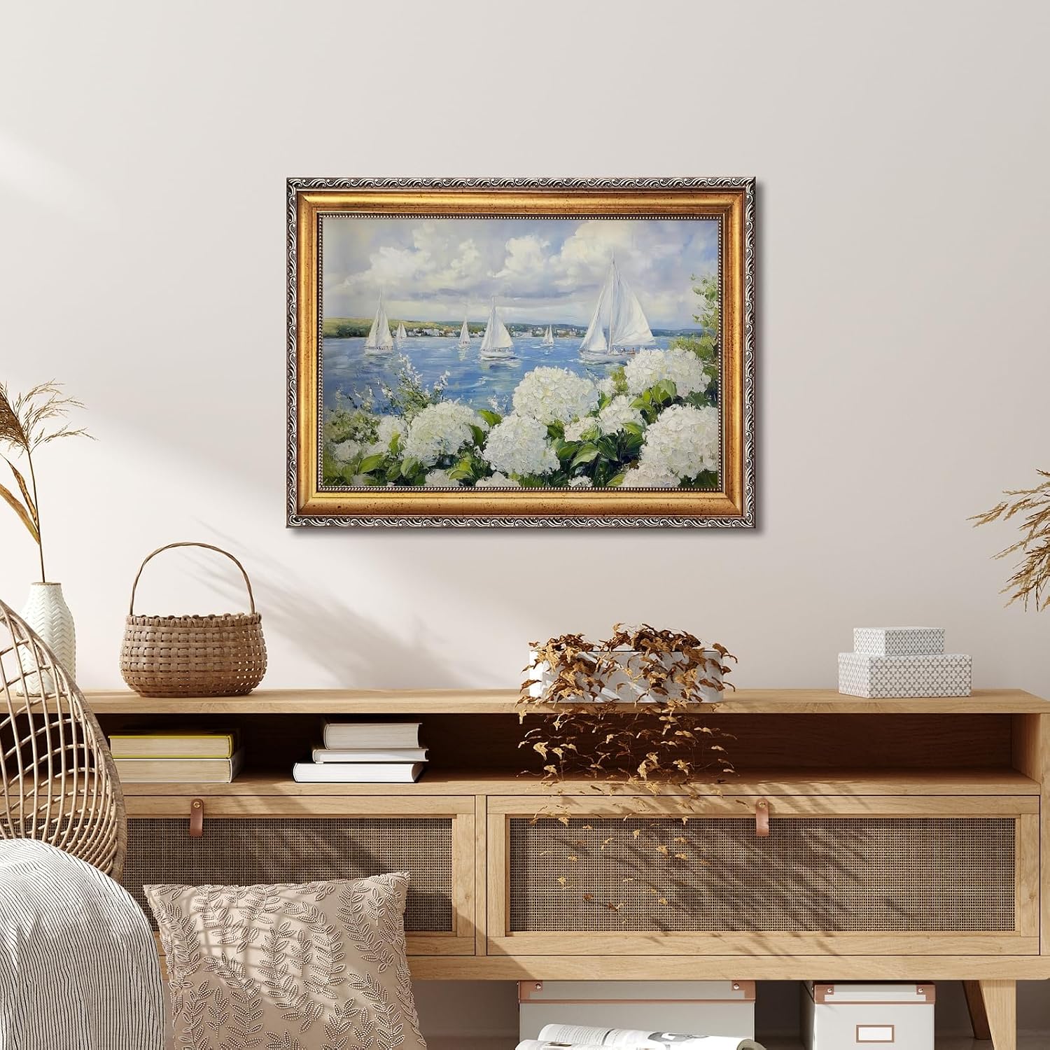 Large Framed Vintage Wall Art Sailboat Painting Nautical Seascape Landscape Canvas Print Hydrangea Flower Pictures Summer Poster Antique Lake House Decor for Living Room Bedroom Office 24x36inch