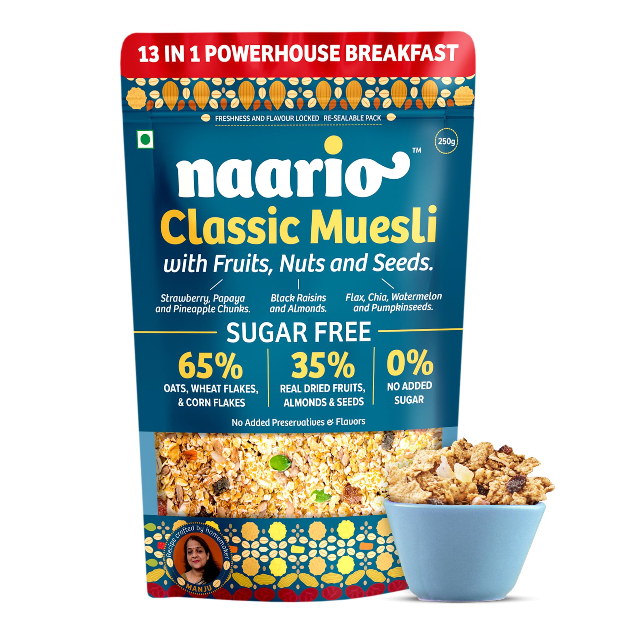 Naario Sugar Free Muesli with High Protein, Fruits and Nuts | Healthy Breakfast Cereal with Strawberries Almonds Raisins Seeds Rich in Fibre Antioxidants, No Preservatives - 250g (B099PH9LXN) Amazon Price History, Amazon Price Tracker