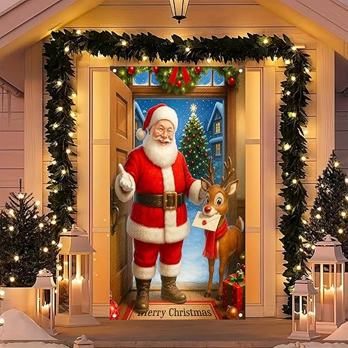 Miniatura 3 de Cubierta de puerta de Feliz Navidad de 71 x 35 pulgadas, decoración de invierno con texto en inglés "Merry Christmas", árbol de Navidad para