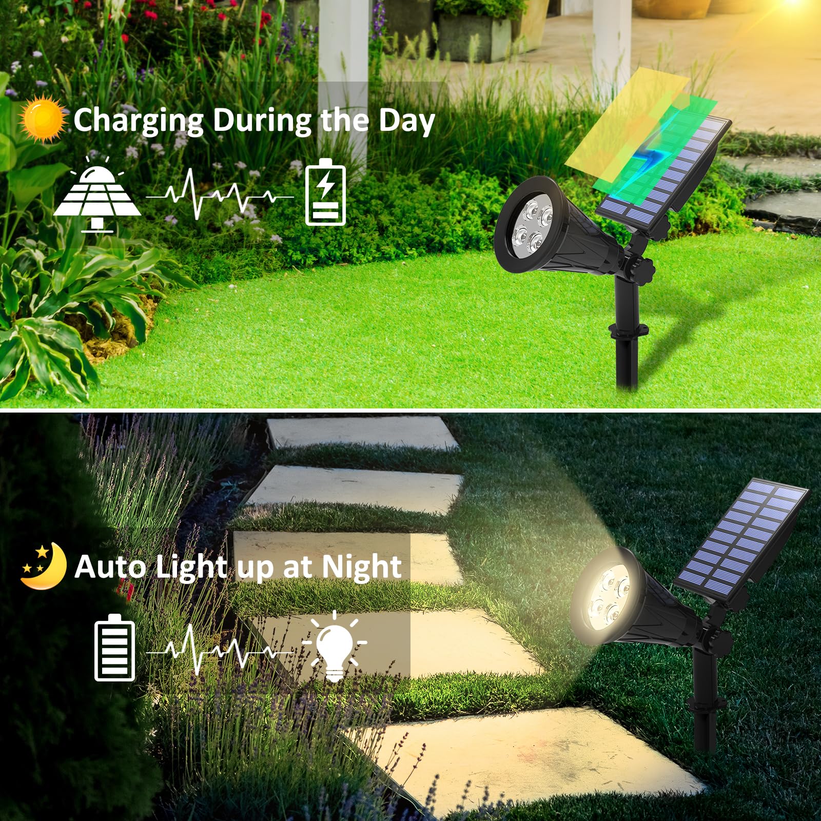 T-SUN 4 Stuks Zonnestralers – Waterdicht, 2 Modi, 4000K Natuurlijk Wit, Instelbaar Zonnepaneel, Voor Tuin En Oprit