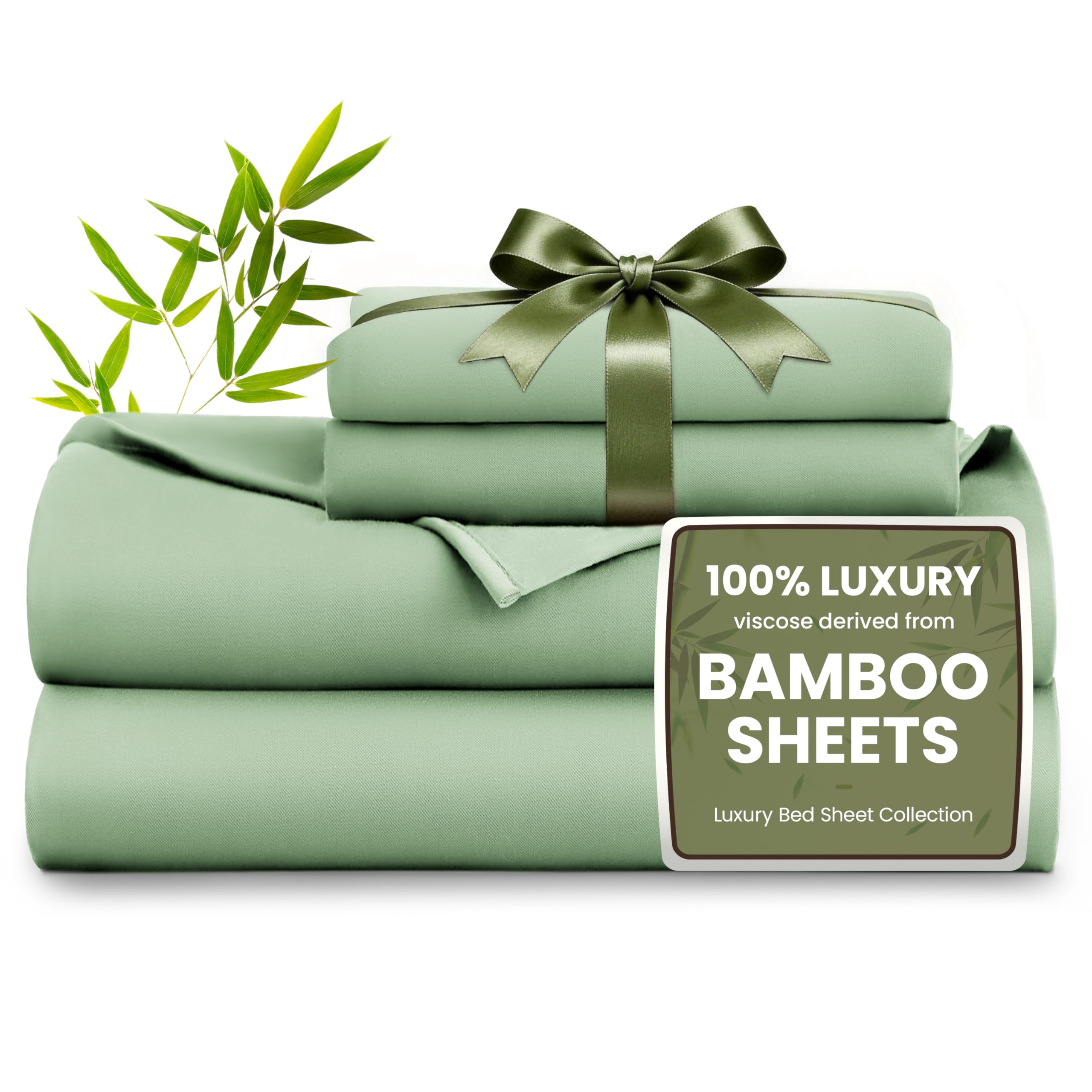 Love's cabin 4 Piece King Size Sheet Set, 100% Rayon Derived from Bamboo, Cooling &amp; Breathable, Soft Silky Deep Pocket up to 16", Hotel Luxury Bedding for Hot Sleepers, Sage Green