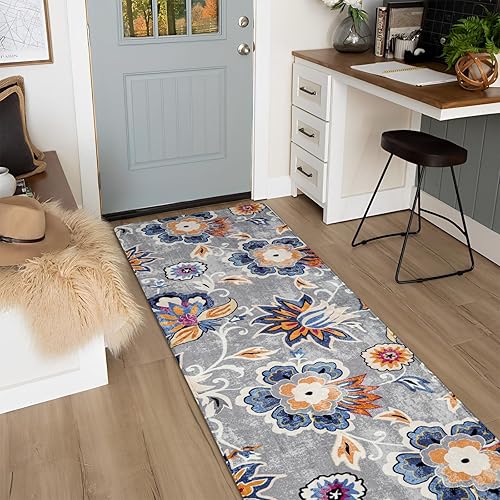 Miniatura 6 de Lahome Alfombra de pasillo floral lavable antideslizante de 2 x 6 pulgadas, ligera, suave, con estampado de cachemira gris, alfombra de interior