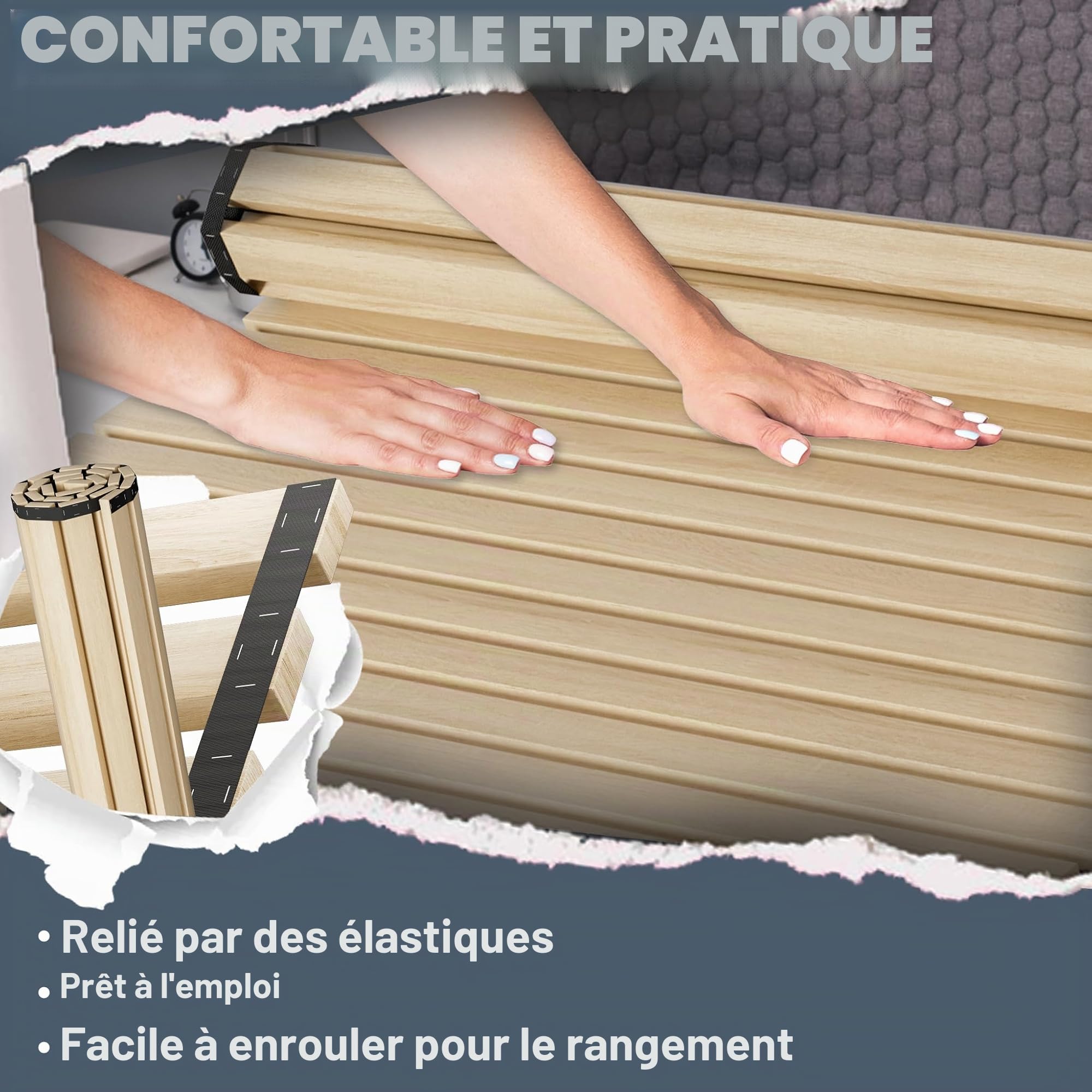 UISEBRT Sommier enroulable en bois d'épicéa, 23 lattes, 140 x 200 cm, lattes en bois avec caoutchouc noir, adapté à tous les types de matelas, capacité de charge jusqu'à 300 kg