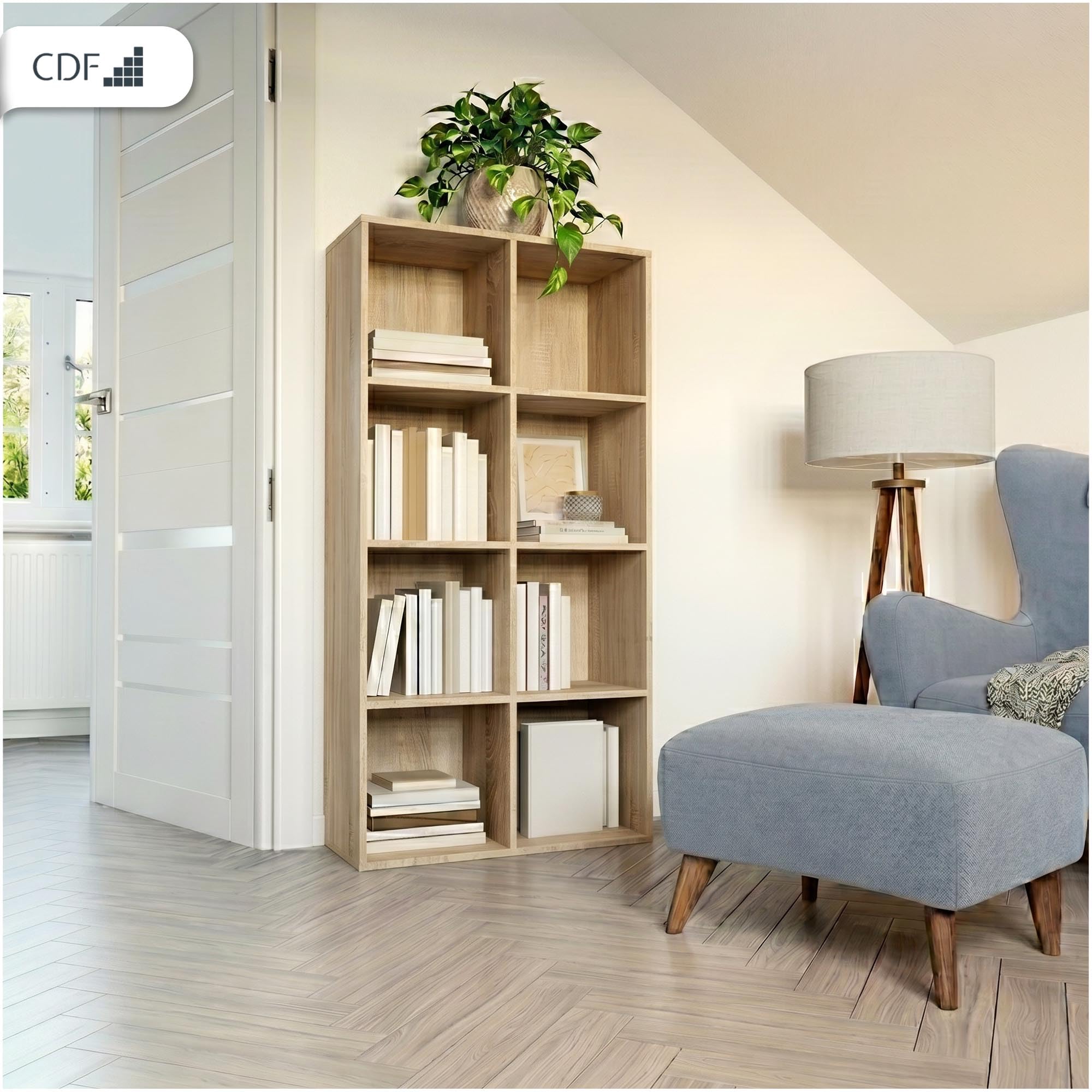 CDF Bücherregal mit 8 Fächern Würfelregal offenen Würfeln für Wohnzimmer Studio 2x4 Regal Stufenregal Ordnungssystem für Bücher Deko Fotos Arbeitszimmer Flur Eiche Sonoma 30x147x75 cm