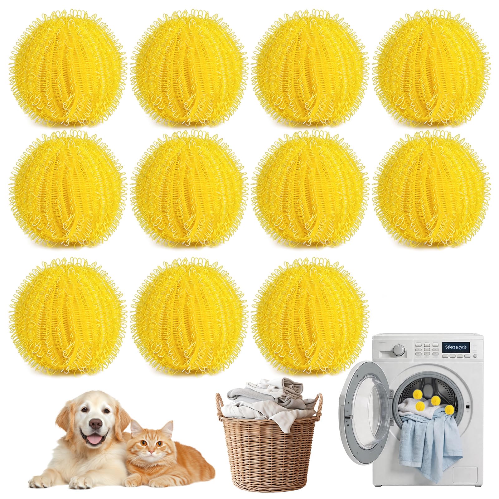 Laundry Balls, 11PCS Pet Hair Remover for Laundry, Reusable Lint Catcher Washing Machines Animal Fur Clothes Hamper Hair Remover for Laundry Bedding Clothes（11,Yellow)