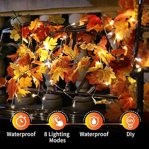 Miniatura 6 de KASZOO Paquete de 2 guirnaldas de arce de otoño con 40 luces LED, guirnalda artificial de follaje de otoño de 5.8 pies/pieza, decoración de otoño