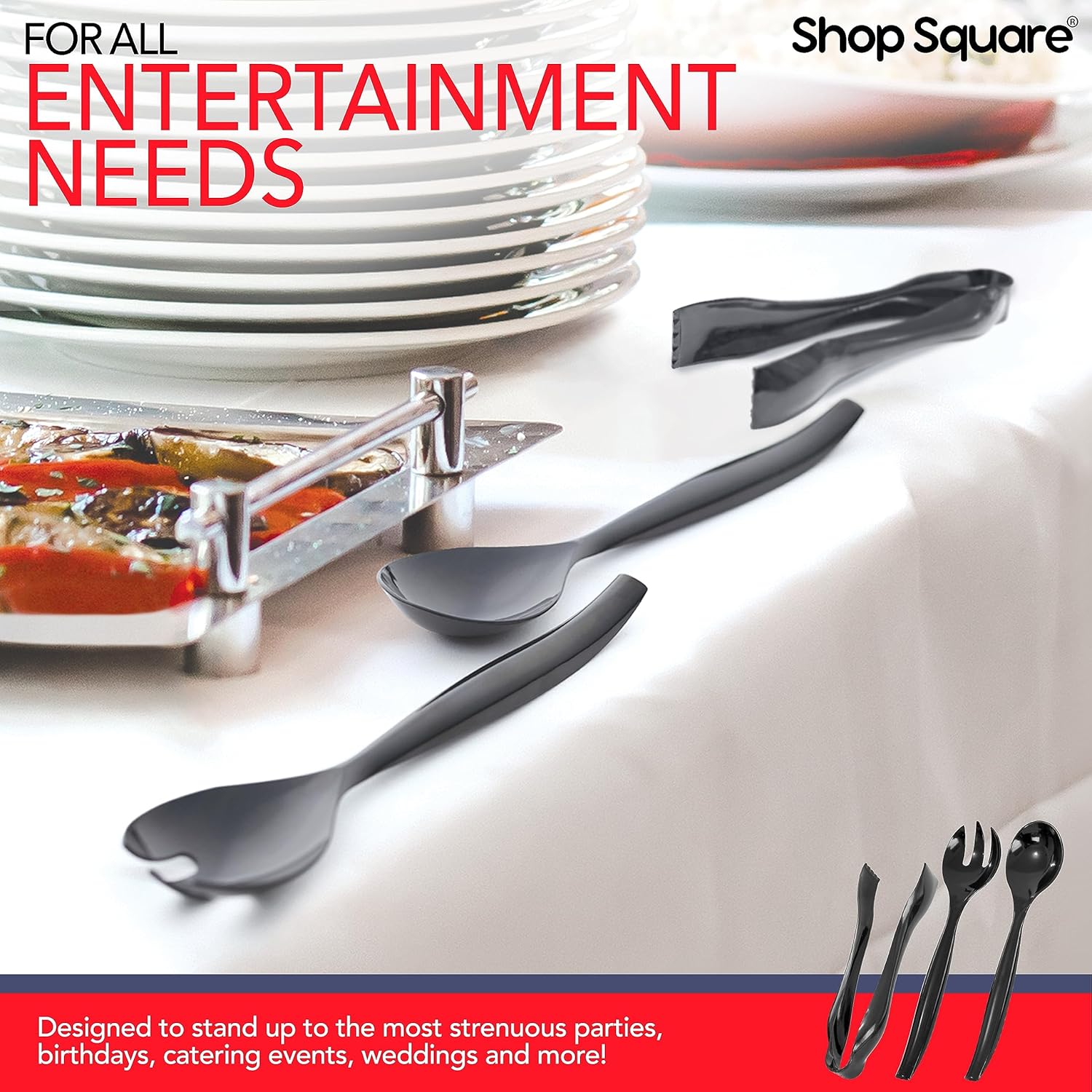 Black Disposable Plastic Serving Utensils Set - 18 Pieces