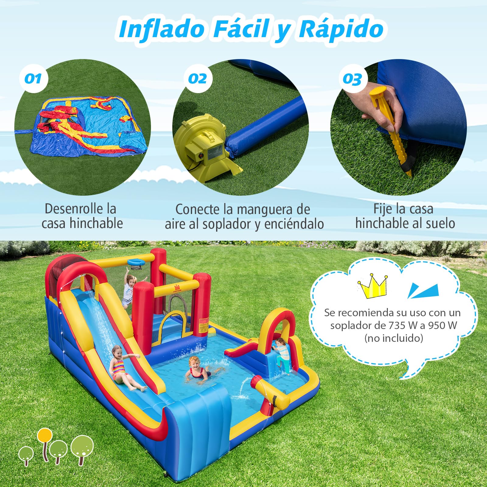 COSTWAY Castillo Hinchable Grande, Parque Acuático Infantil con Doble Tobogán, 2 Piscinas, Área de Salto y Aro de Baloncesto, 450 x 392 x 216 cm, para Jardín Patio, Multicolor (sin Soplador)