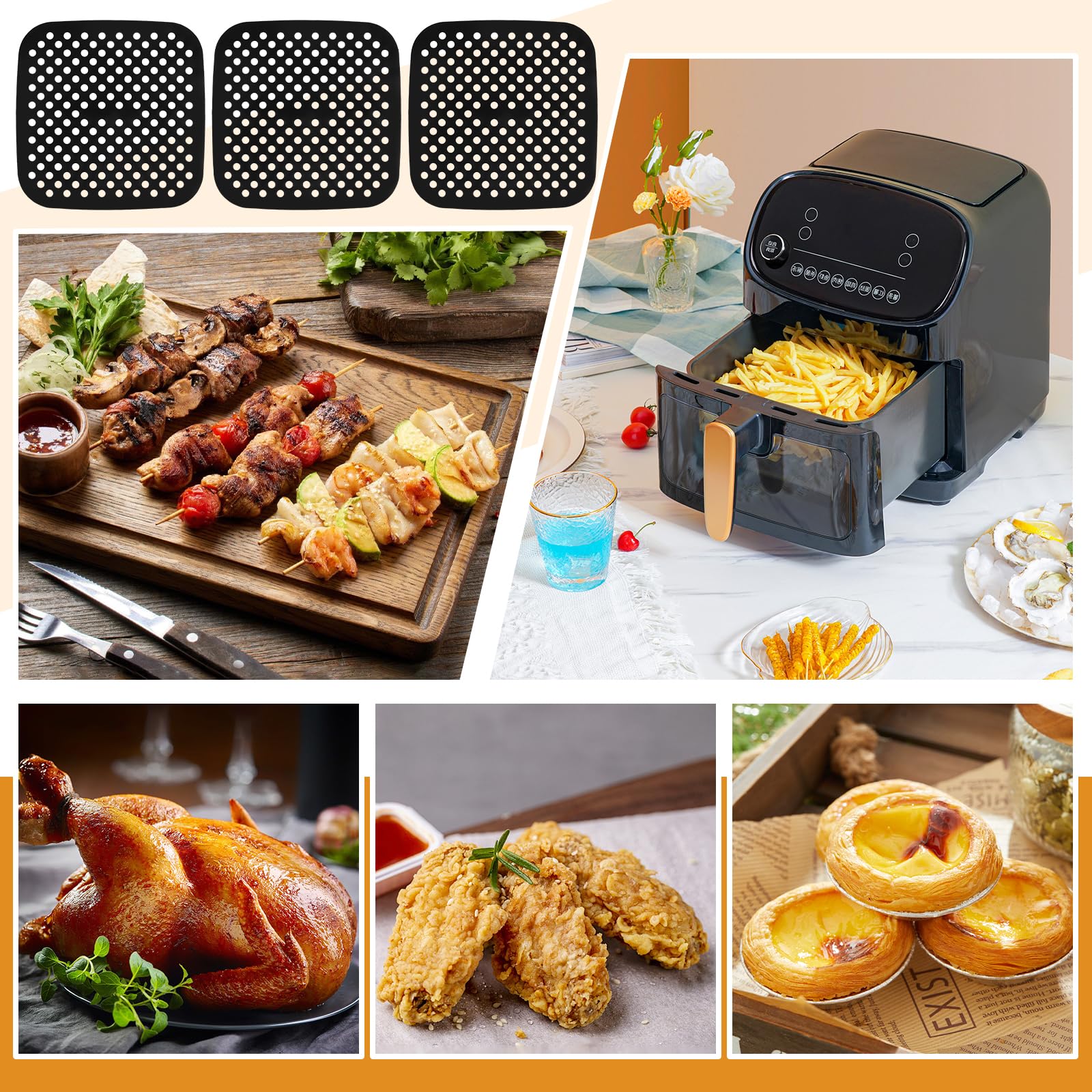 3 Stück Air Fryer Silikon Matten Liners, 21.5x21.5cm Antihaft Luftfritiereinlagen Matten, Luftfritteusen Silikon Matte mit Perforiertes, Wiederverwendbar Luftfritteuse Liner für Zuhause Restaurant