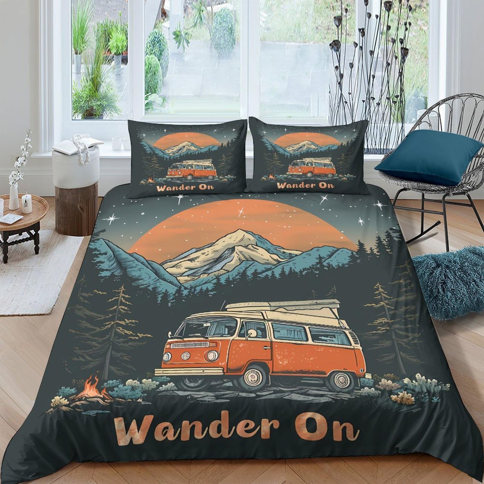 Ctjqhvkz Style-4 3D Printed Retro Camper Mountain Fitted Sheet Microfiber Soft Orange Sunset Forest Mattress Cover Bedroom Decor Single（135X200cm）