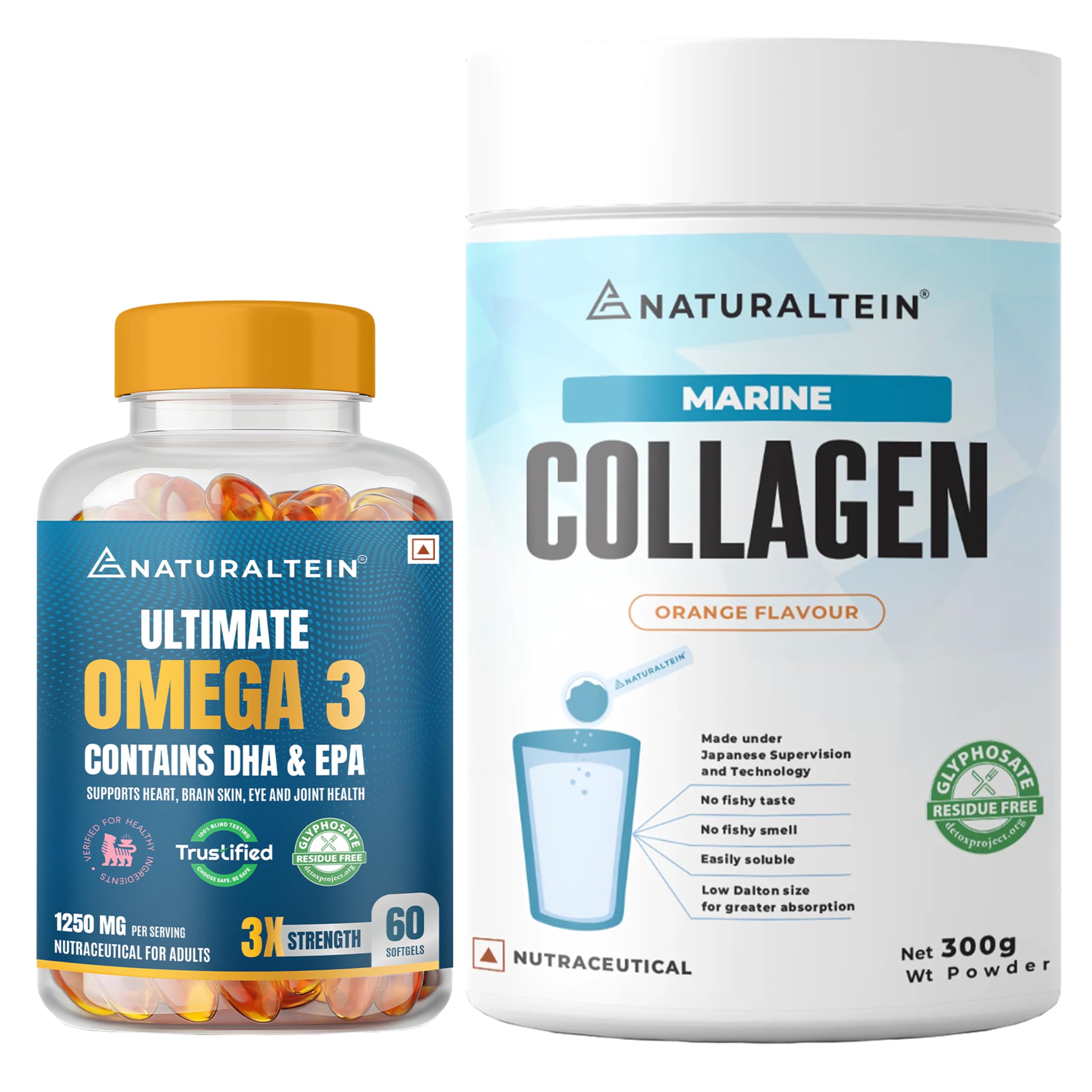 Naturaltein Pure Marine Collagen 300g (Orange Flavour) + Naturaltein Omega-3 Fish Oil 1250mg Triple Strength (60 Softgels) | Skin, Hair, Joint & Heart Health Support Combo-image-10
