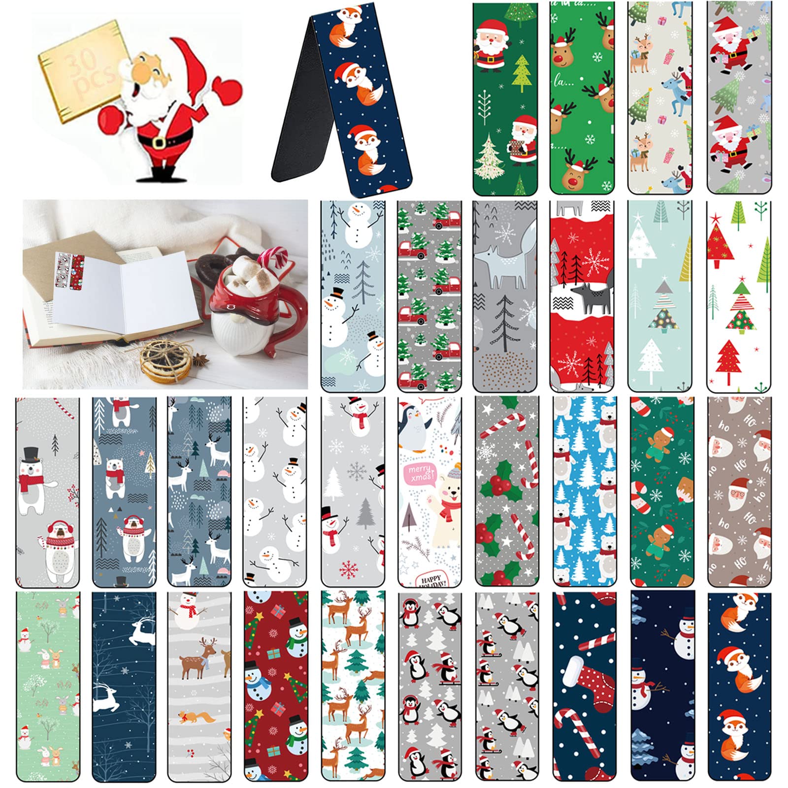 30 Segnalibri Magnetici Natalizi Con Righello – Motivi Di Babbo Natale, Pupazzo Di Neve E Renna – Ideali Per Scuola, Ufficio E Casa